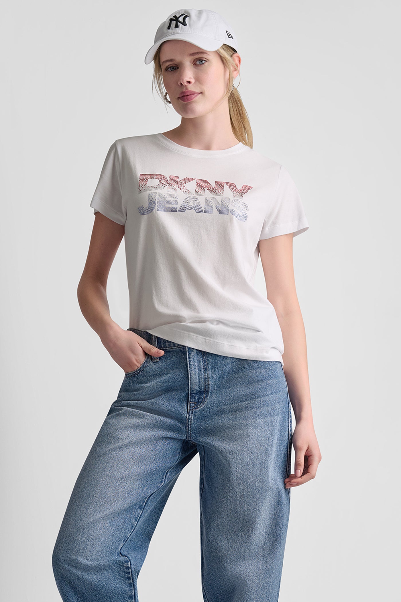 White/Red Blue DKNY JEANS STACKED RHINESTONE LOGO TEE, VIEW 1 | Tees & Tanks
