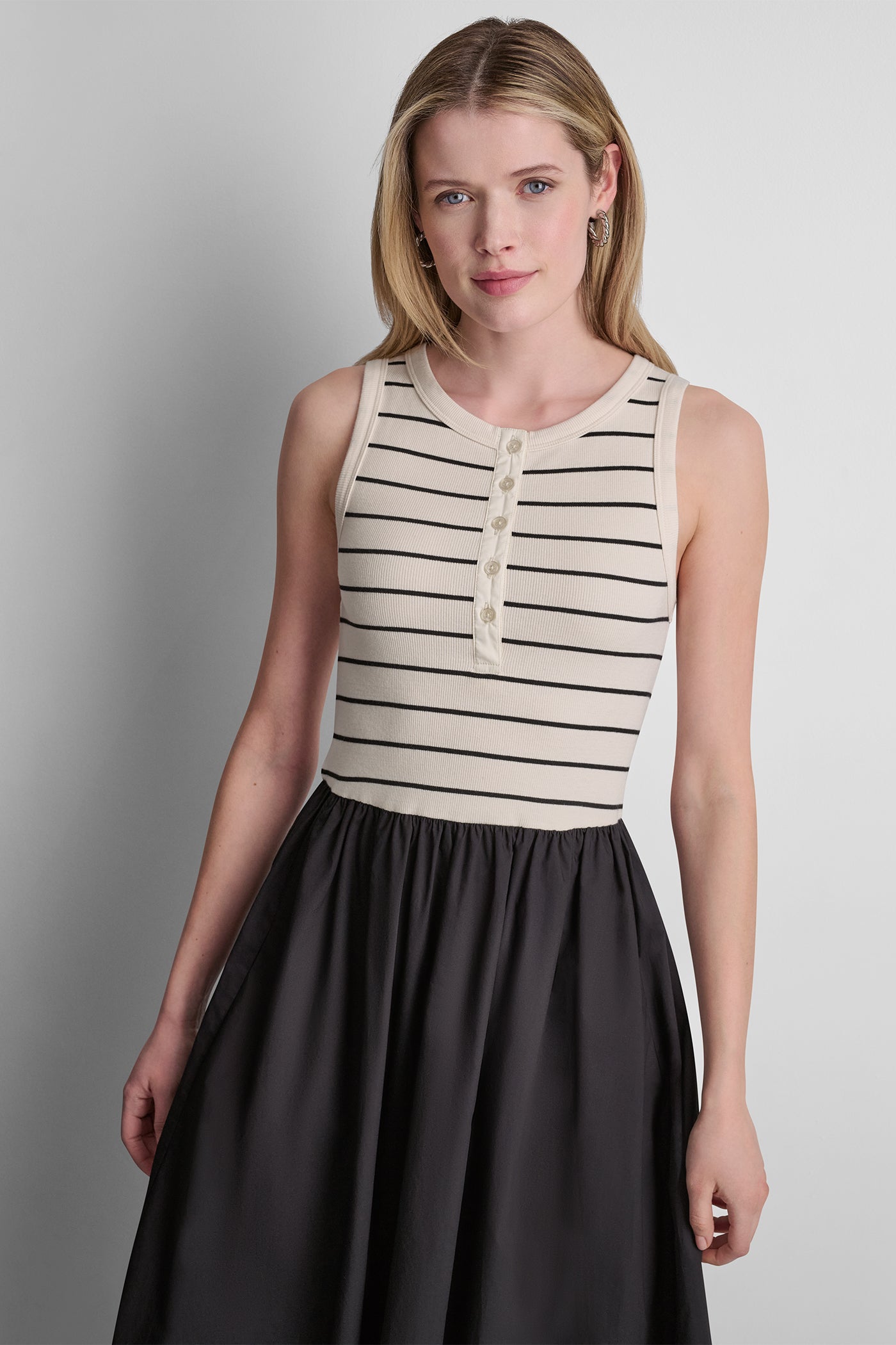 Hudson Striped Eggnog/Black RIB HENLEY TANK MAXI DRESS, VIEW 2 | New Arrivals