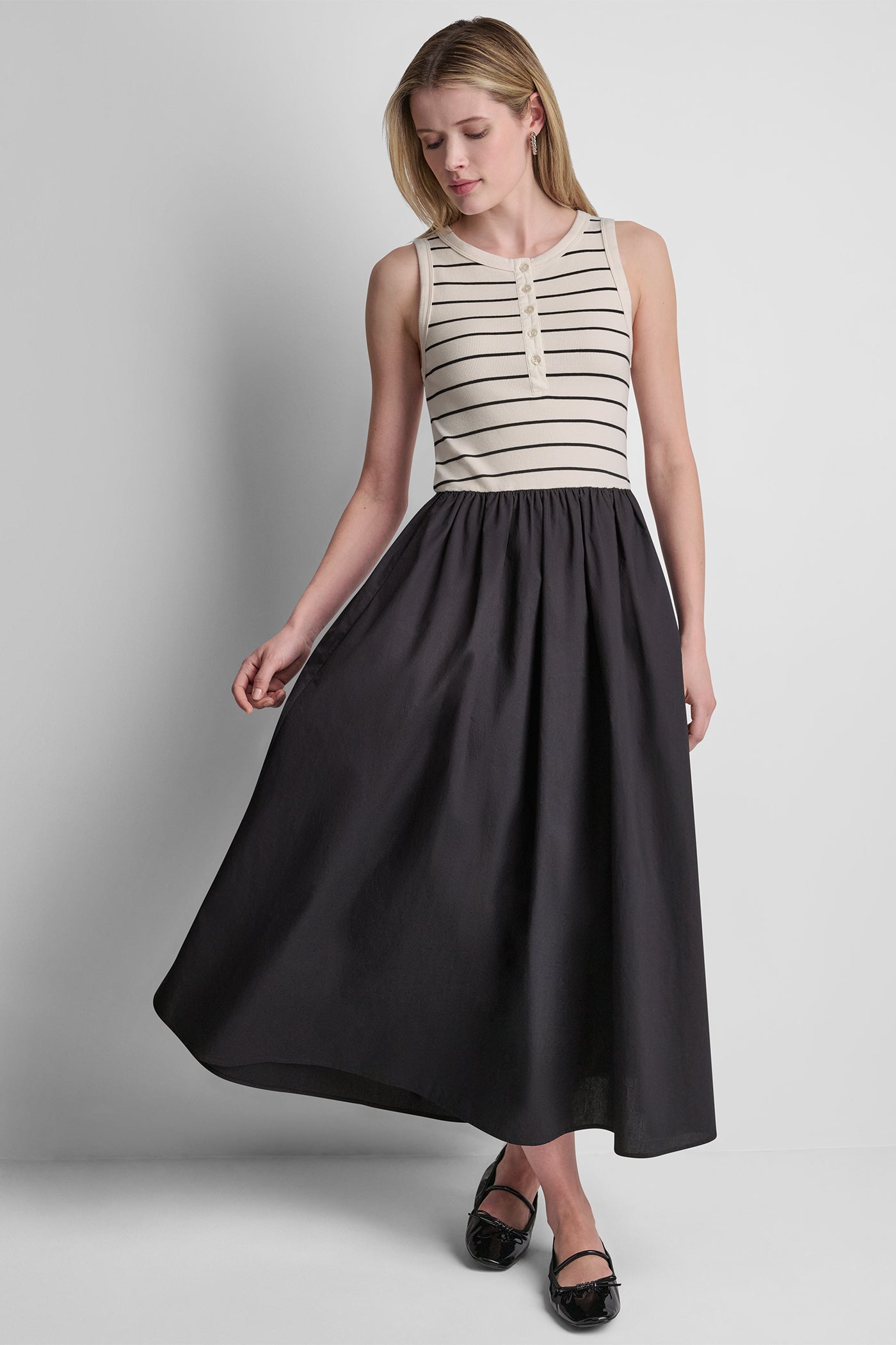 Hudson Striped Eggnog/Black RIB HENLEY TANK MAXI DRESS, VIEW 1 | New Arrivals