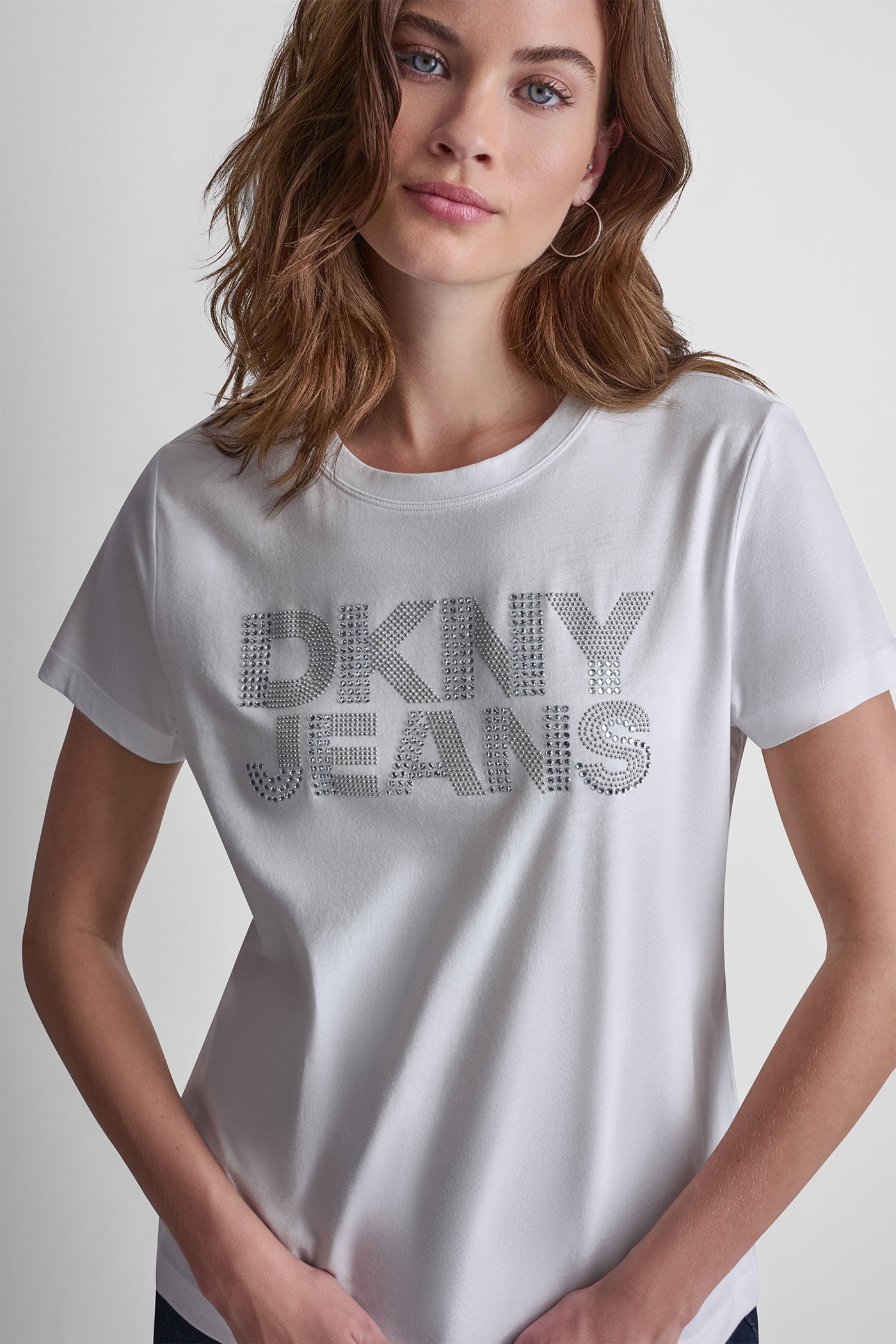 White DKNY JEANS STACKED RHINESTONE DOME TEE, VIEW 1 | New Arrivals