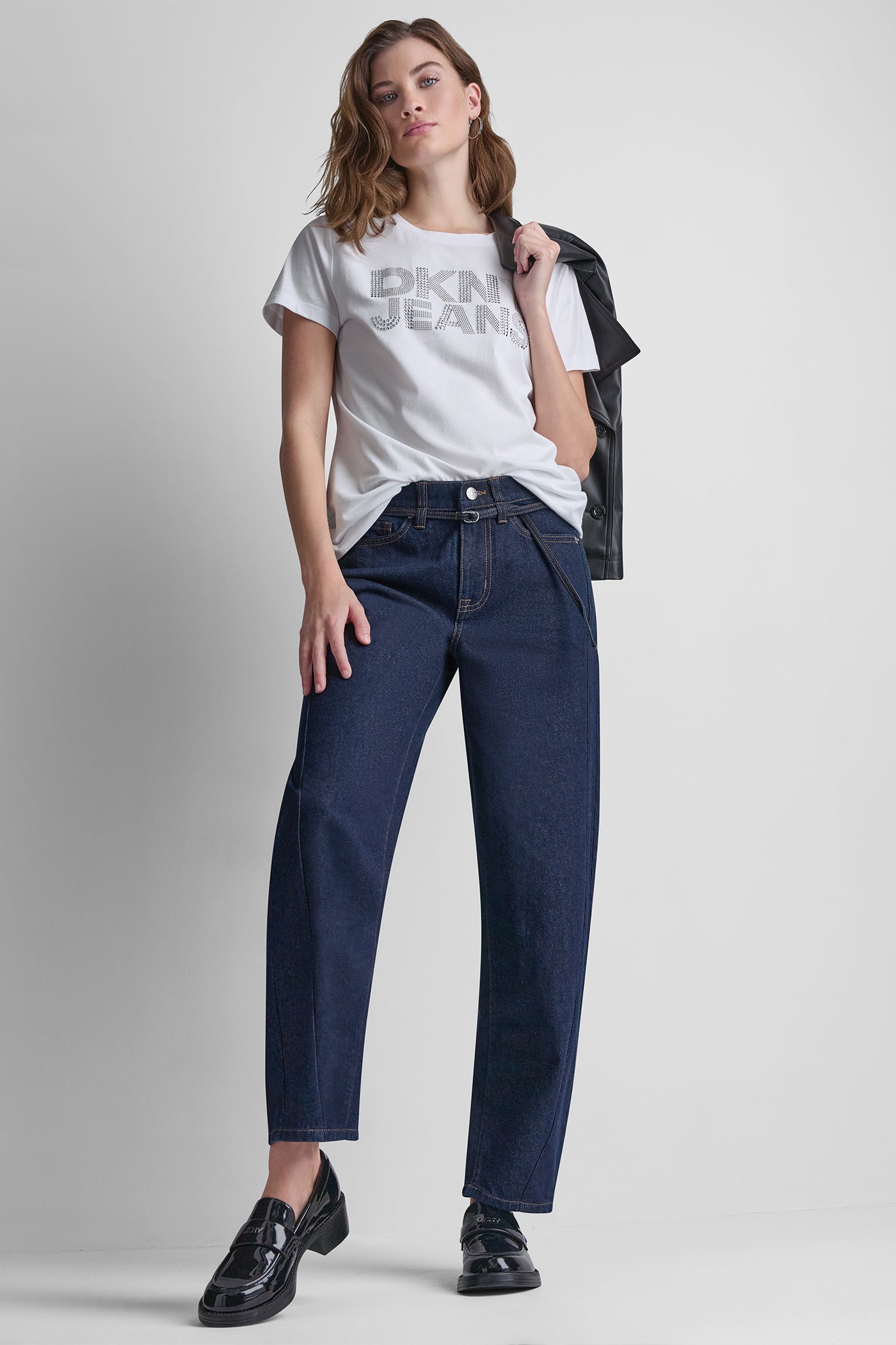 White DKNY JEANS STACKED RHINESTONE DOME TEE, VIEW 2 | New Arrivals