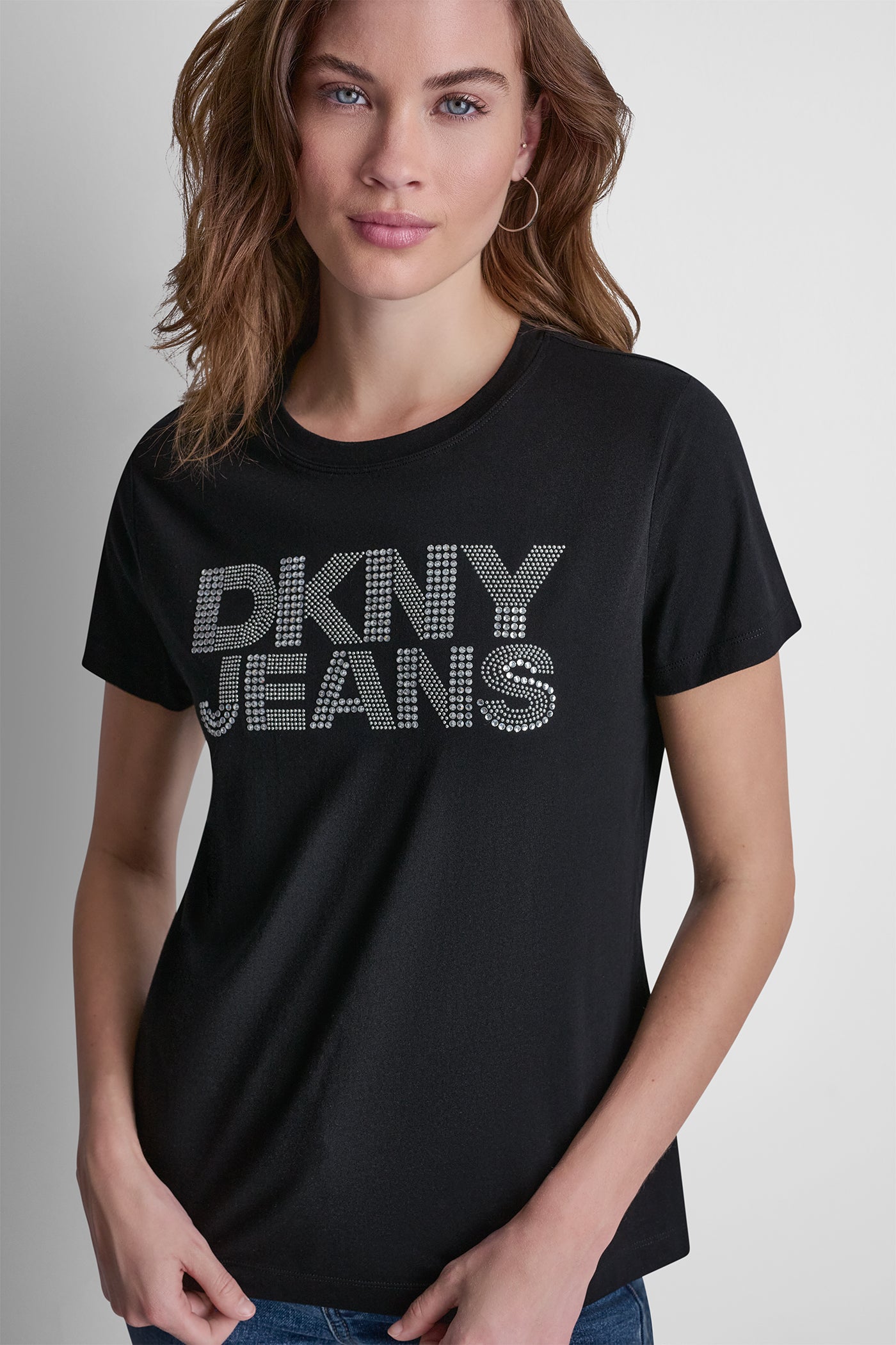 Black DKNY JEANS STACKED RHINESTONE DOME TEE, BACK VIEW | Tees & Tanks