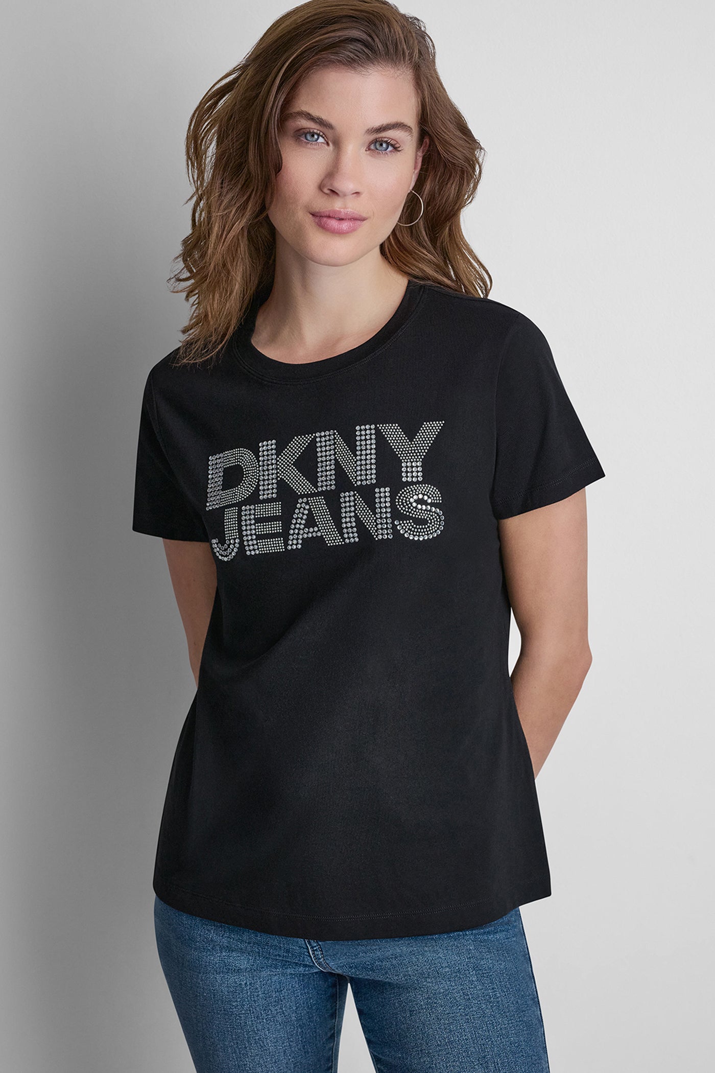 Black DKNY JEANS STACKED RHINESTONE DOME TEE, FRONT VIEW | Tees & Tanks