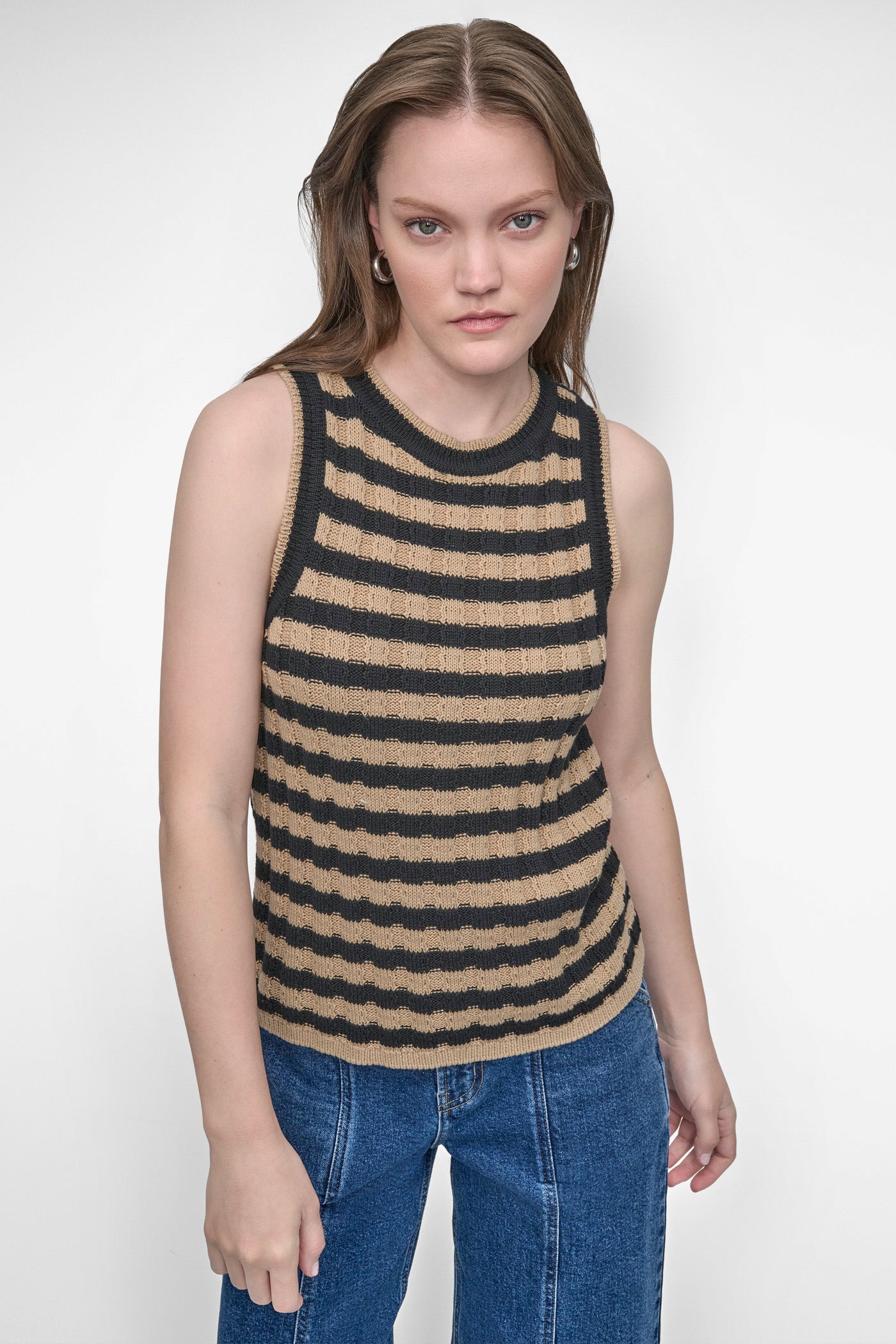 Travertine/Black STRIPED TANK, FRONT VIEW | Tees & Tanks