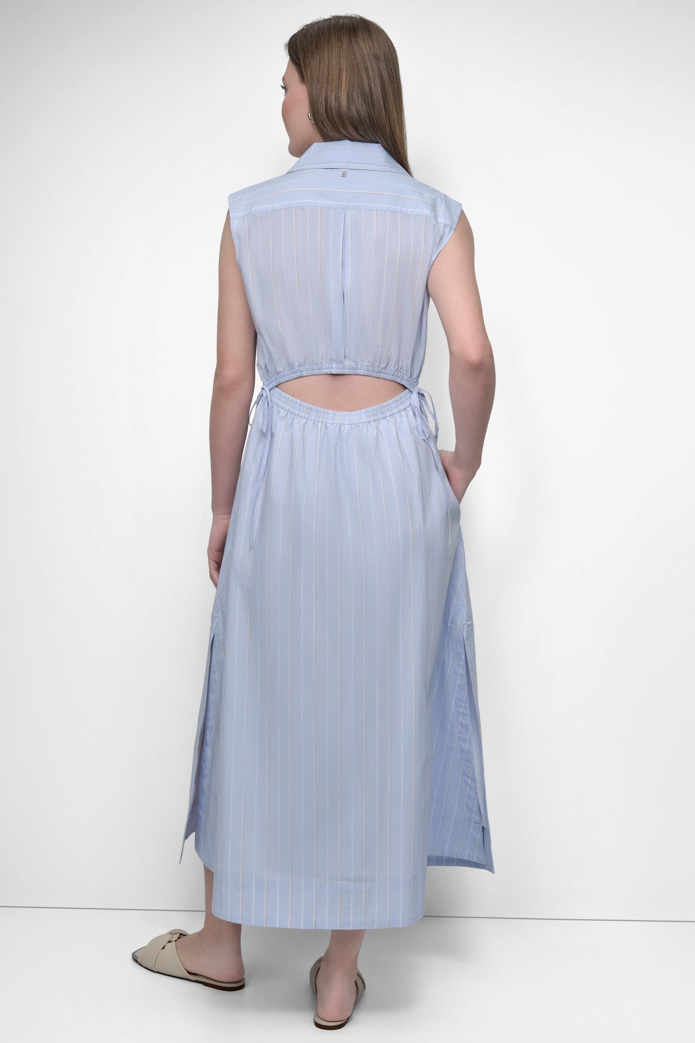 Baldwin Stripe Frost Blue CUTOUT PINSTRIPED MIDI SHIRT DRESS, BACK VIEW | SALE DRESSES