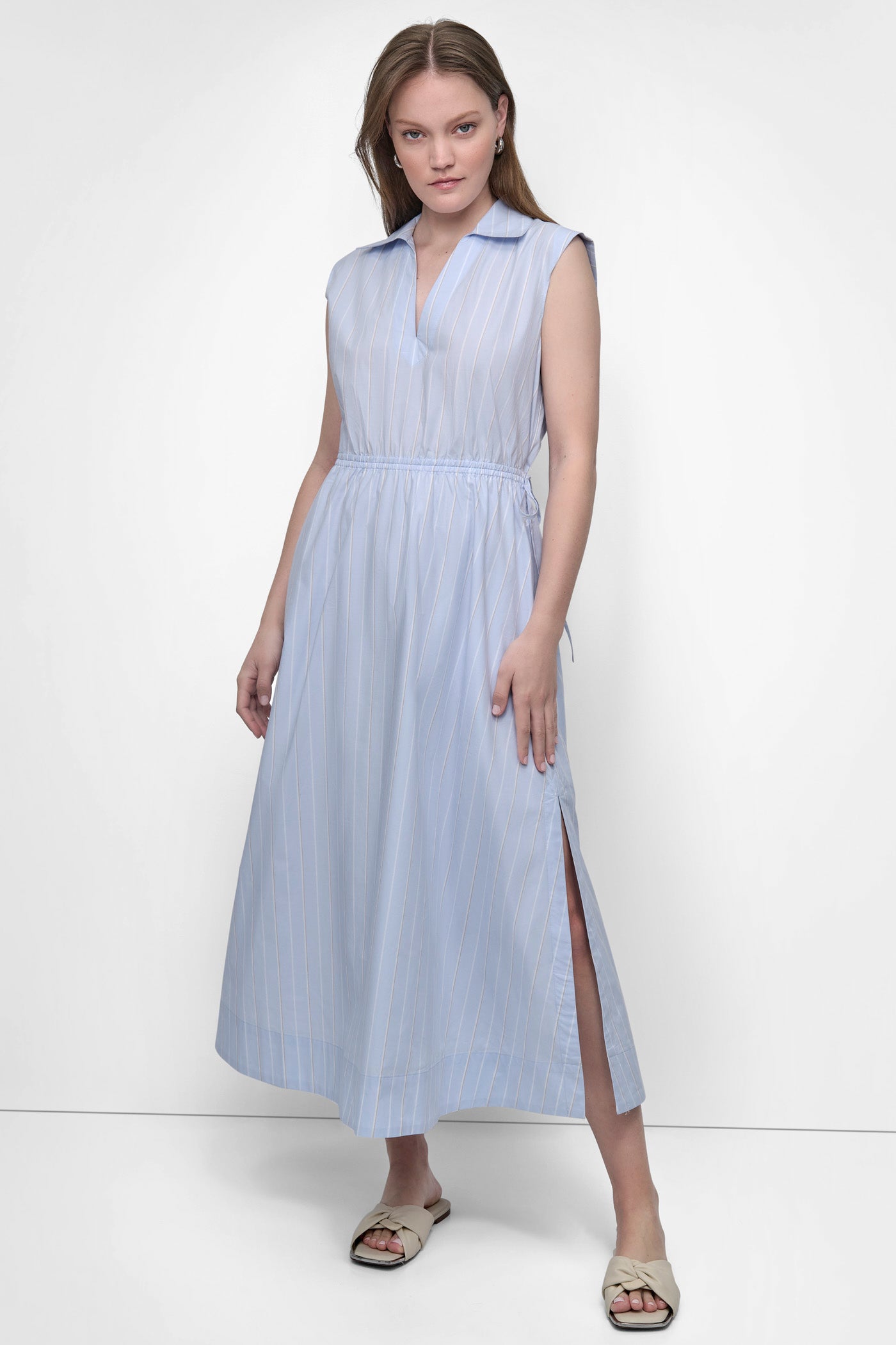 Baldwin Stripe Frost Blue CUTOUT PINSTRIPED MIDI SHIRT DRESS, FRONT VIEW | SALE DRESSES