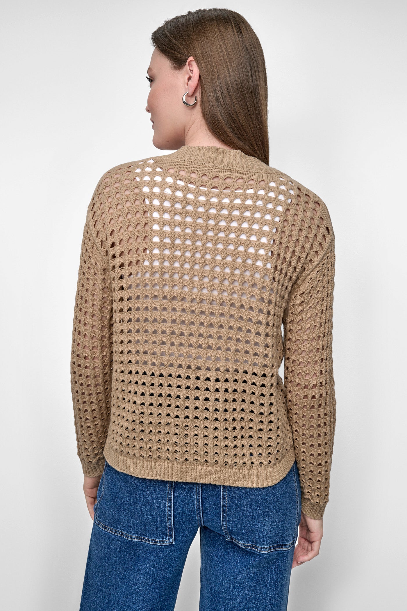 Travertine OPEN-STITCH CARDIGAN, BACK VIEW | WOMEN'S SWEATERS & TOPS