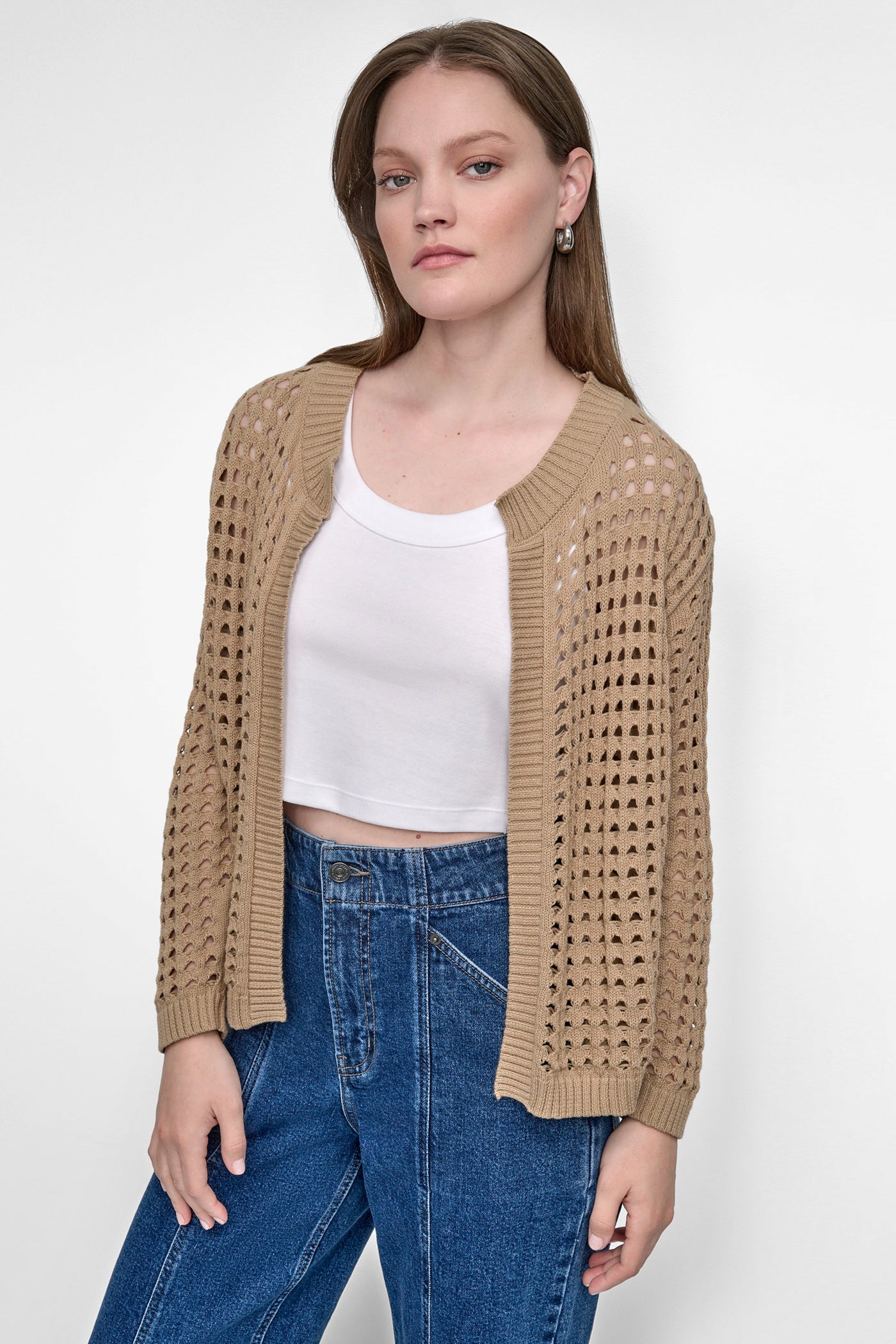 Travertine OPEN-STITCH CARDIGAN, FRONT VIEW | WOMEN'S SWEATERS & TOPS