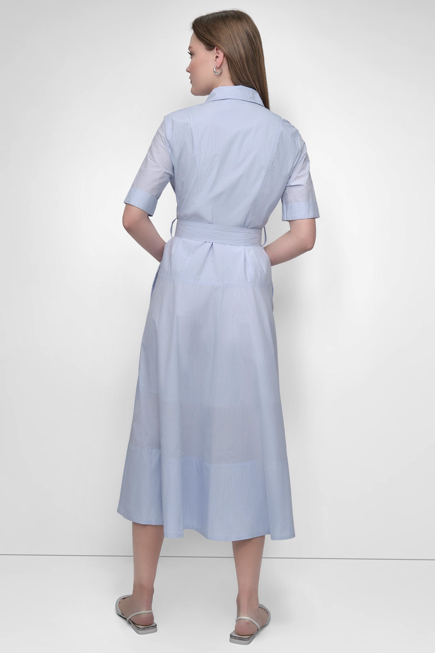 HARBOR STRIPE FROST BELTED PINSTRIPED MIDI SHIRT DRESS, BACK VIEW | SALE DRESSES
