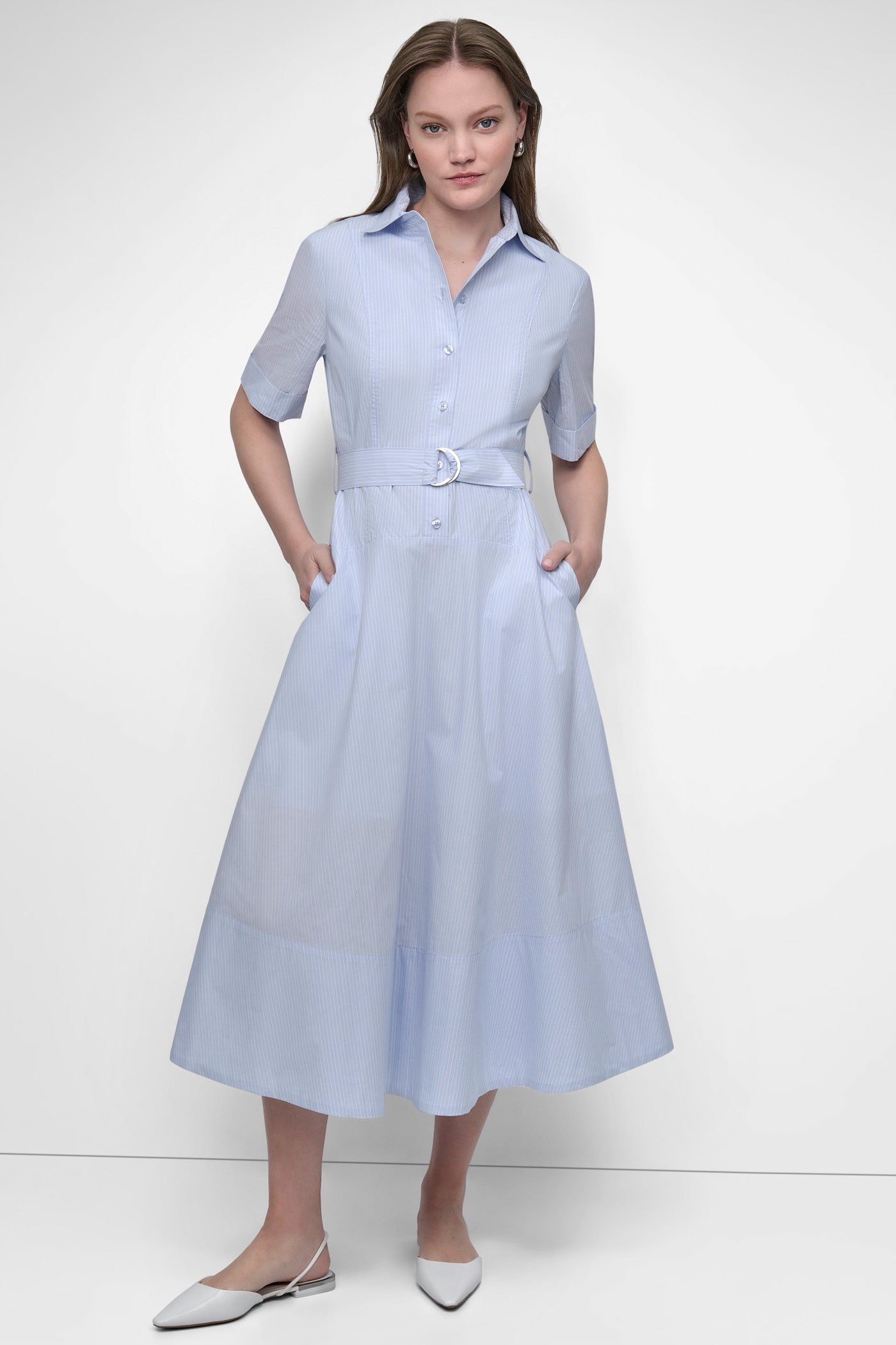 HARBOR STRIPE FROST BELTED PINSTRIPED MIDI SHIRT DRESS, FRONT VIEW | SALE DRESSES