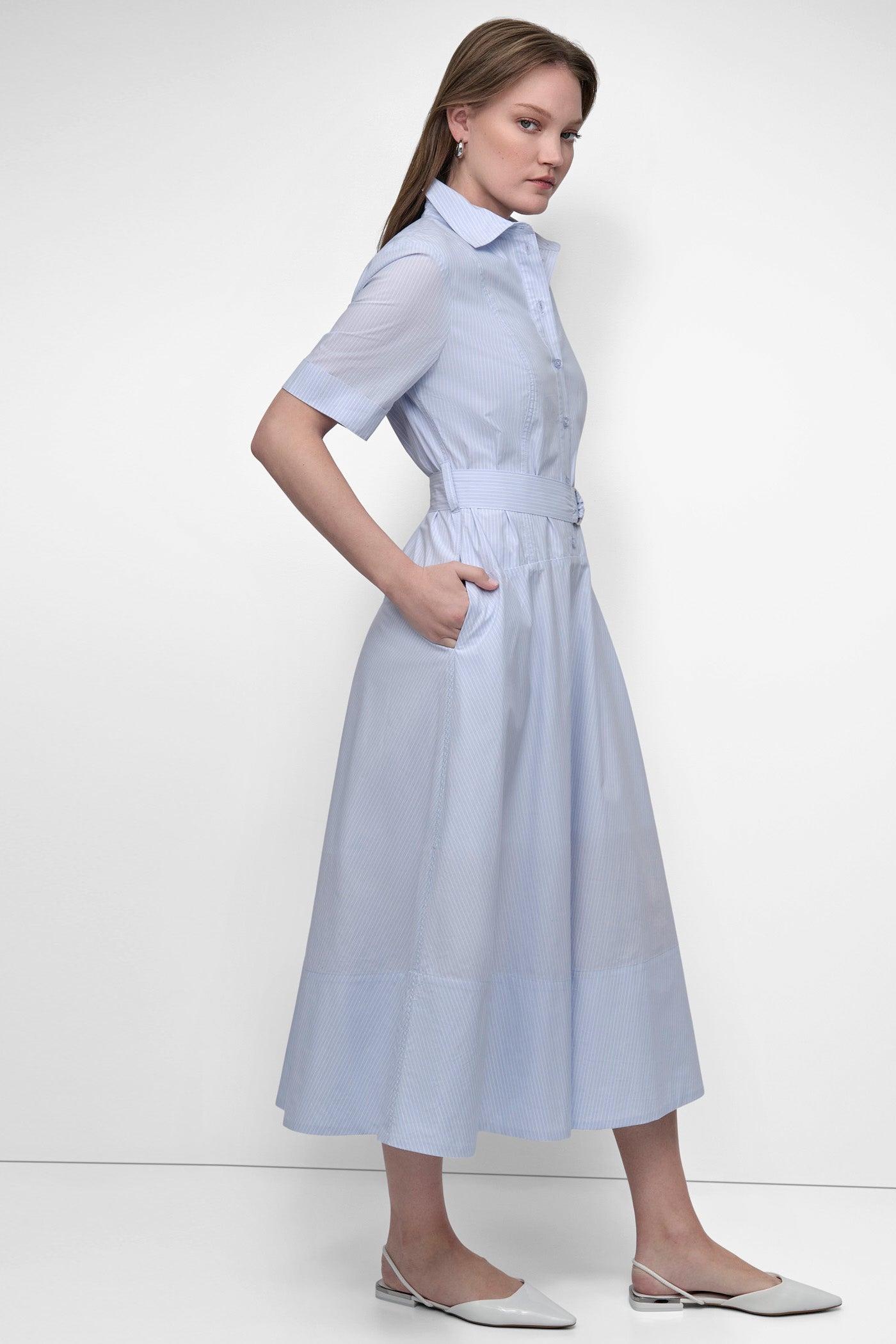 BELTED PINSTRIPED MIDI SHIRT DRESS VIEW 3 | SALE DRESSES
