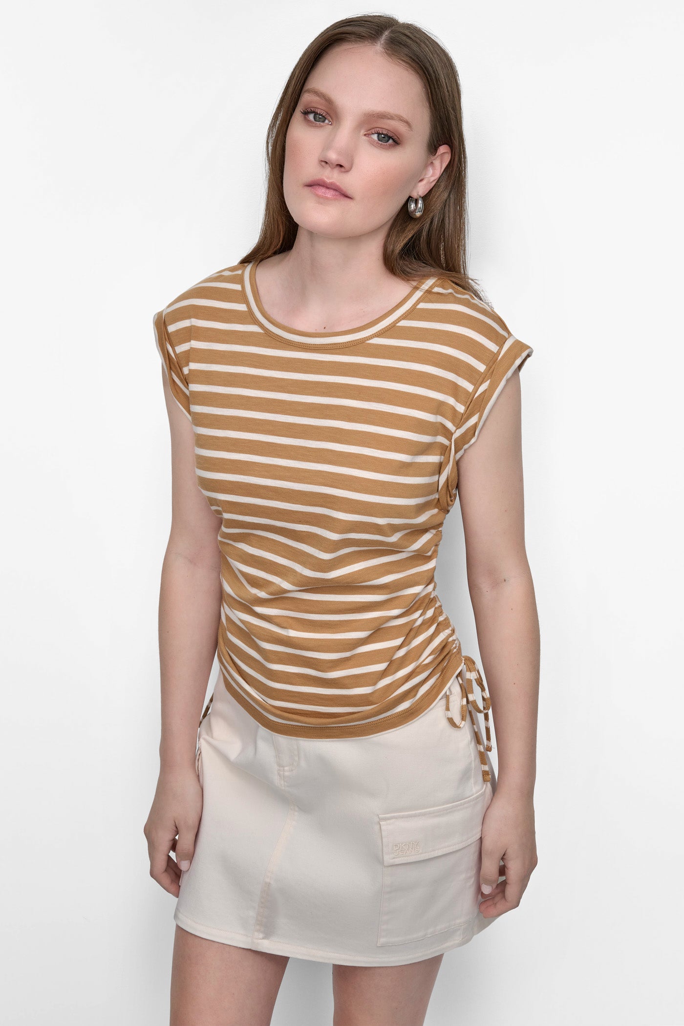 Whiskey/Eggnog RUCHED SIDE-TIE TEE, FRONT VIEW | Tees & Tanks