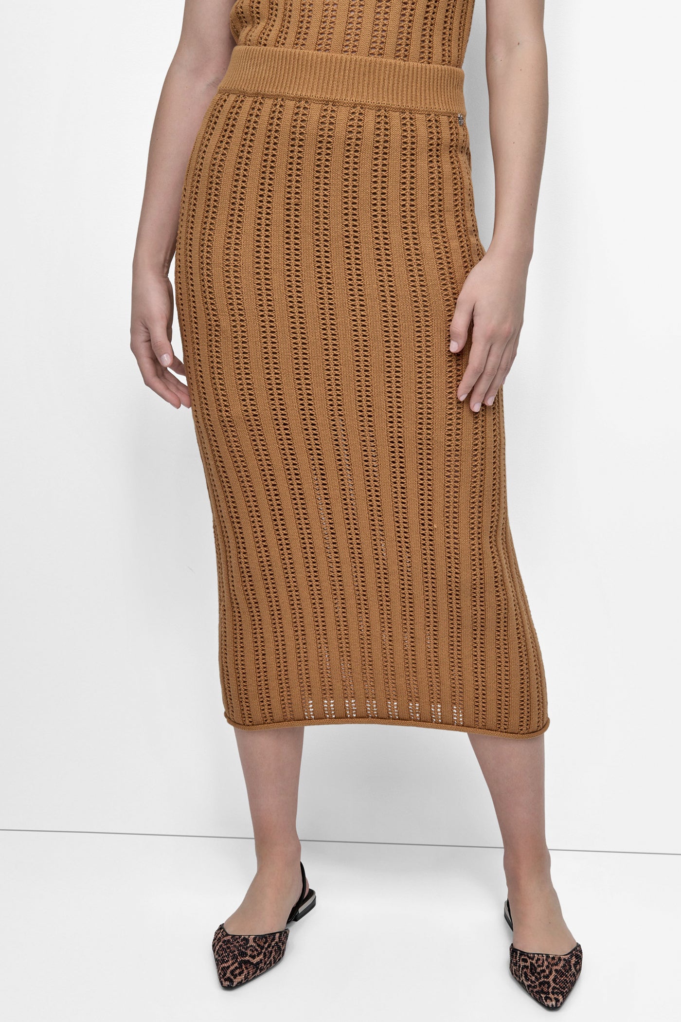 Whiskey CABLE POINTELLE STITCH MIDI SKIRT, FRONT VIEW | New Arrivals