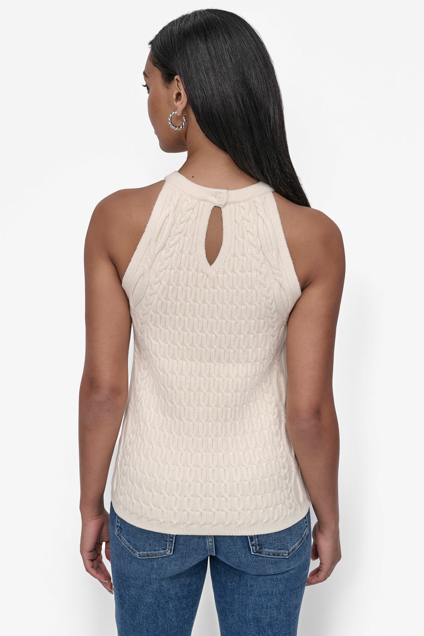 Eggnog CABLE-KNIT HALTER-STYLE SWEATER, BACK VIEW | WOMEN'S SWEATERS & TOPS