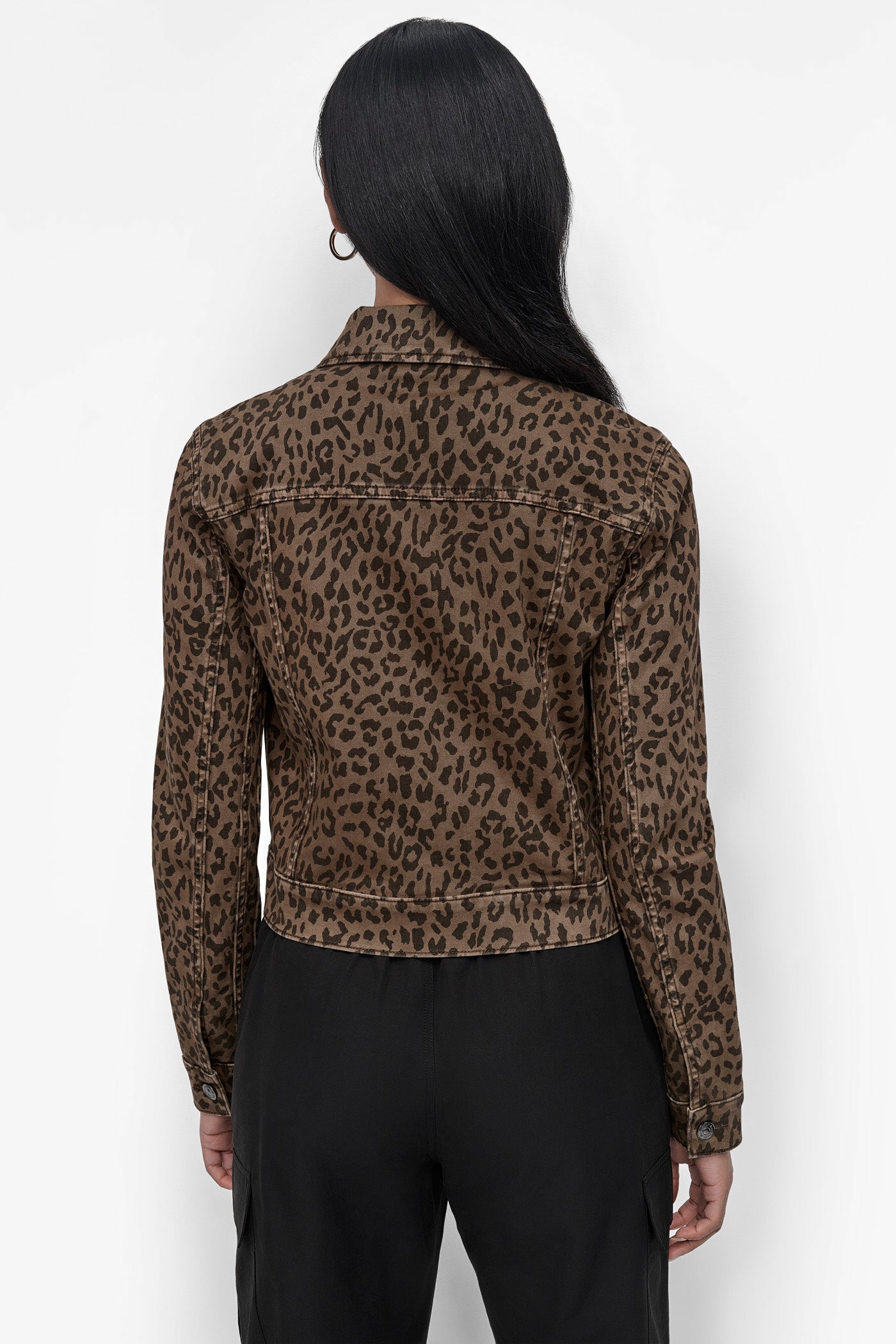 Dark Earth Leopard Print DENIM TRUCKER JACKET, BACK VIEW | Jackets & Blazers