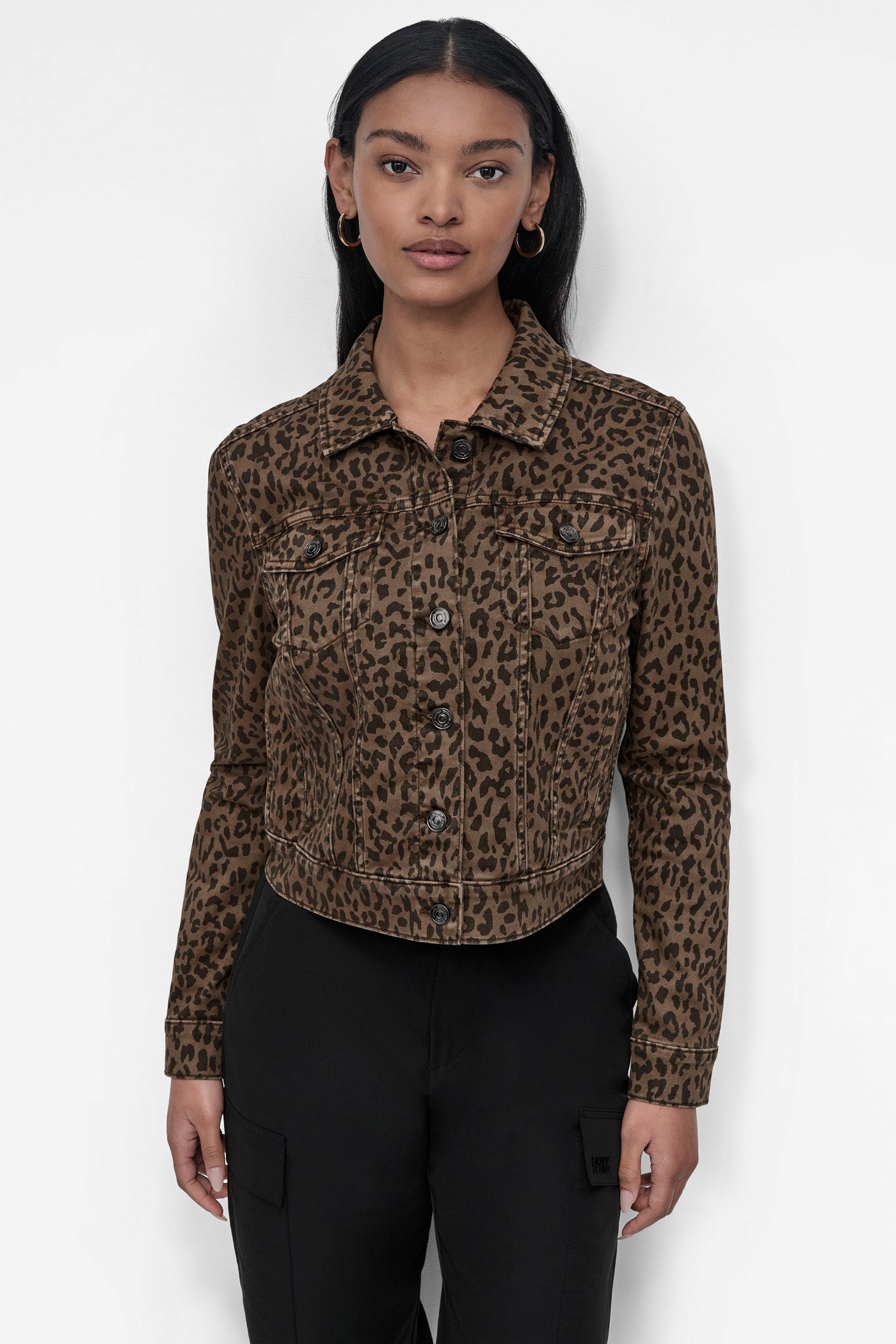 Dark Earth Leopard Print DENIM TRUCKER JACKET, FRONT VIEW | Jackets & Blazers