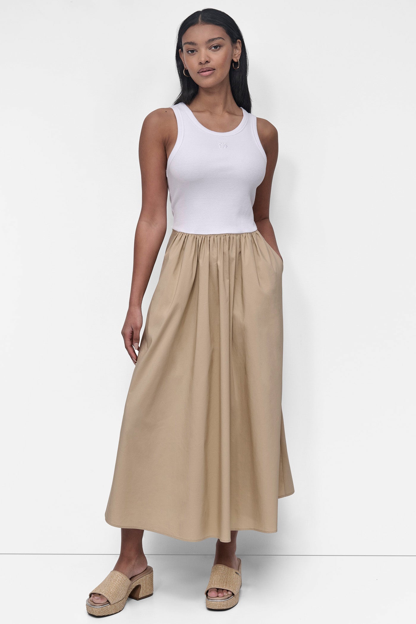 White/Travertine MIXED MEDIA MIDI TANK DRESS, FRONT VIEW | Summer Essentials