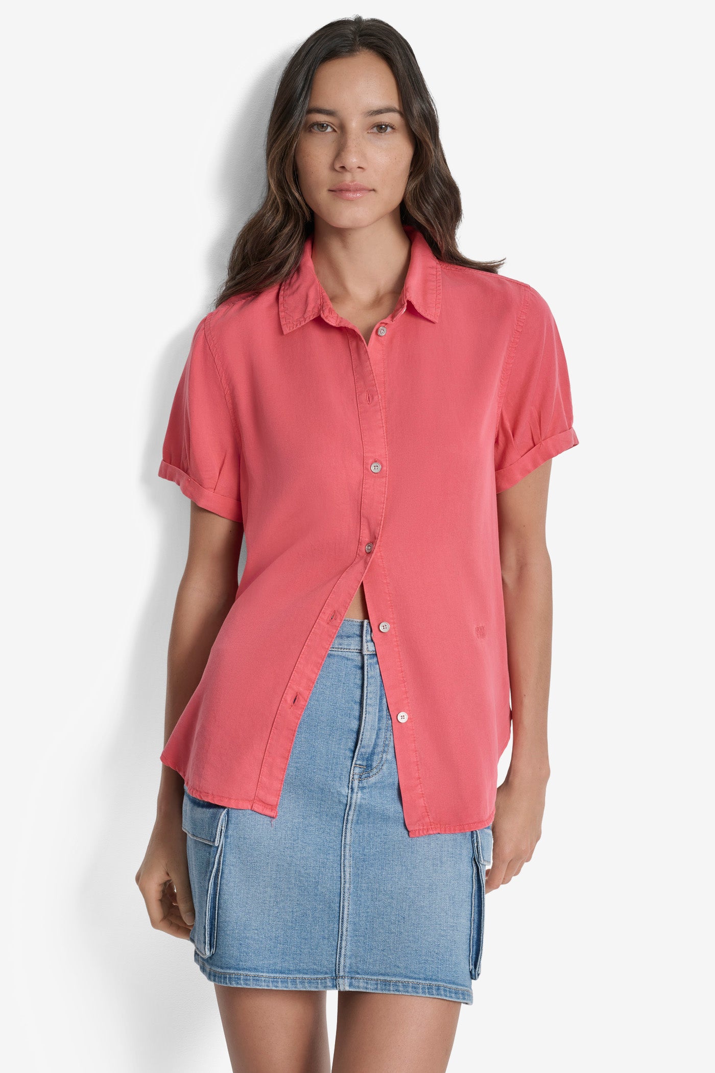 Azalea Pink ROLLED SLEEVE SHIRT, FRONT VIEW | WOMEN'S SWEATERS & TOPS
