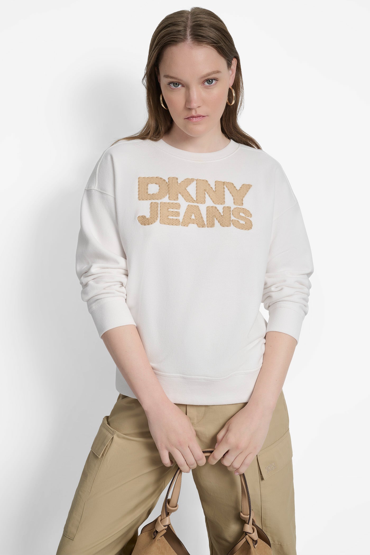 Ivory/Natural BASKETWEAVE LOGO SWEATSHIRT, FRONT VIEW | Clothing