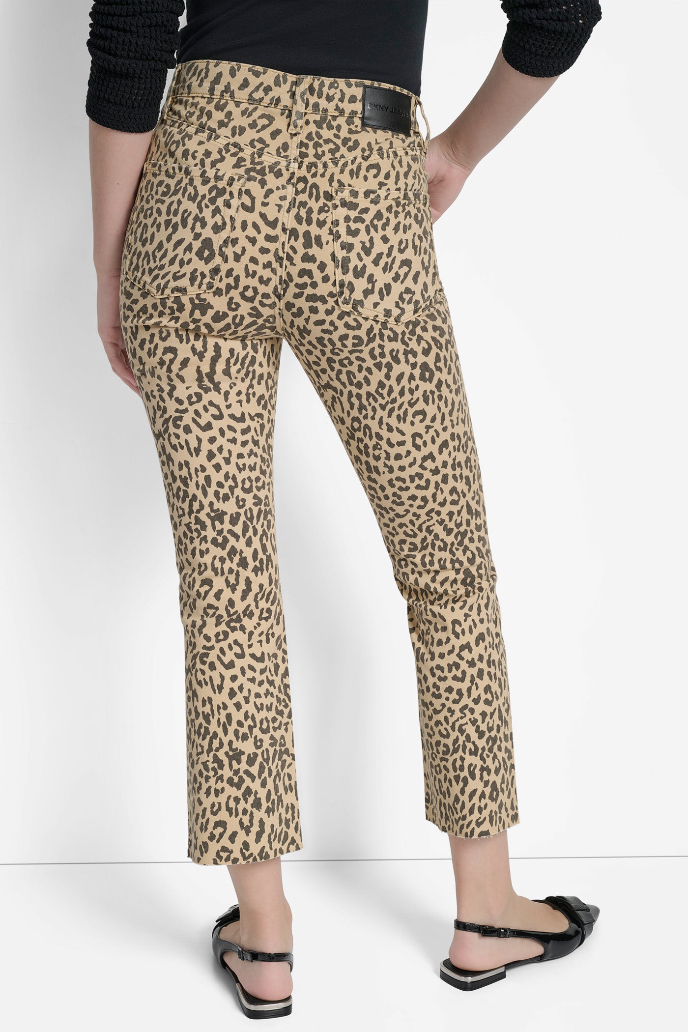 Travertine Leopard HIGH-RISE RAW EDGE FLARE JEAN, BACK VIEW | Pants & Denim