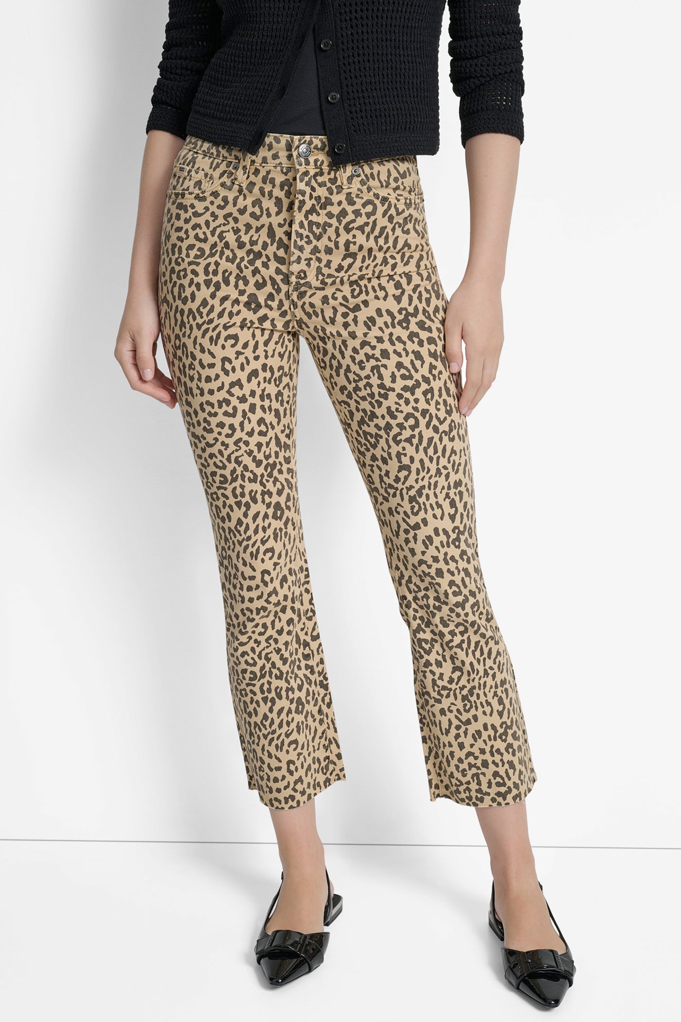 Travertine Leopard HIGH-RISE RAW EDGE FLARE JEAN, FRONT VIEW | Pants & Denim