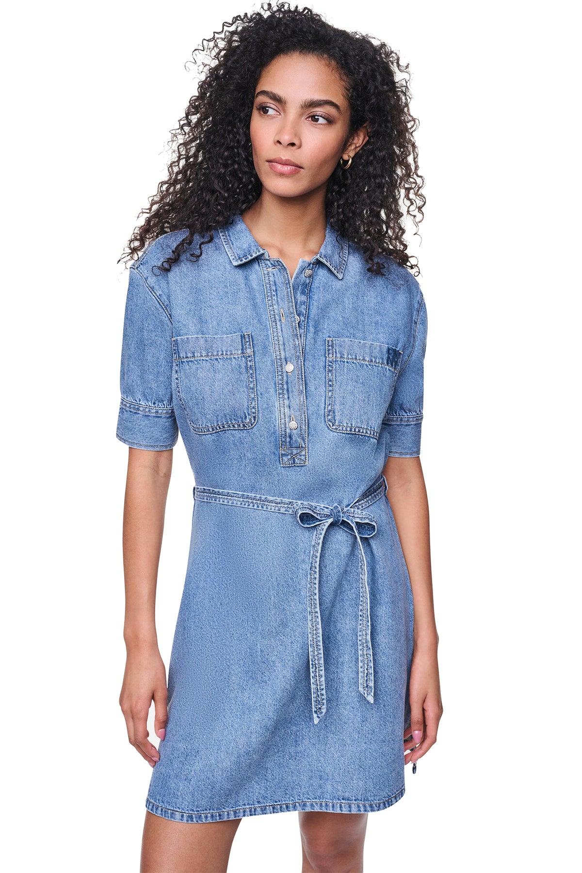 DENIM BUTTON-FRONT SHIRT DRESS View 1 | Dresses Under $100