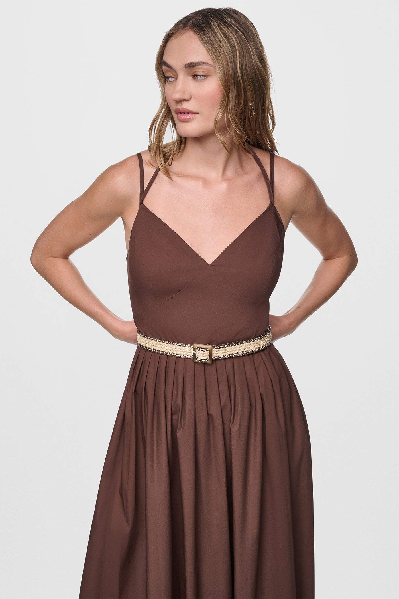Chestnut STRAPPY V-NECK MAXI DRESS WITH RAFFIA BELT, VIEW 2 | Dresses & Jumpsuits