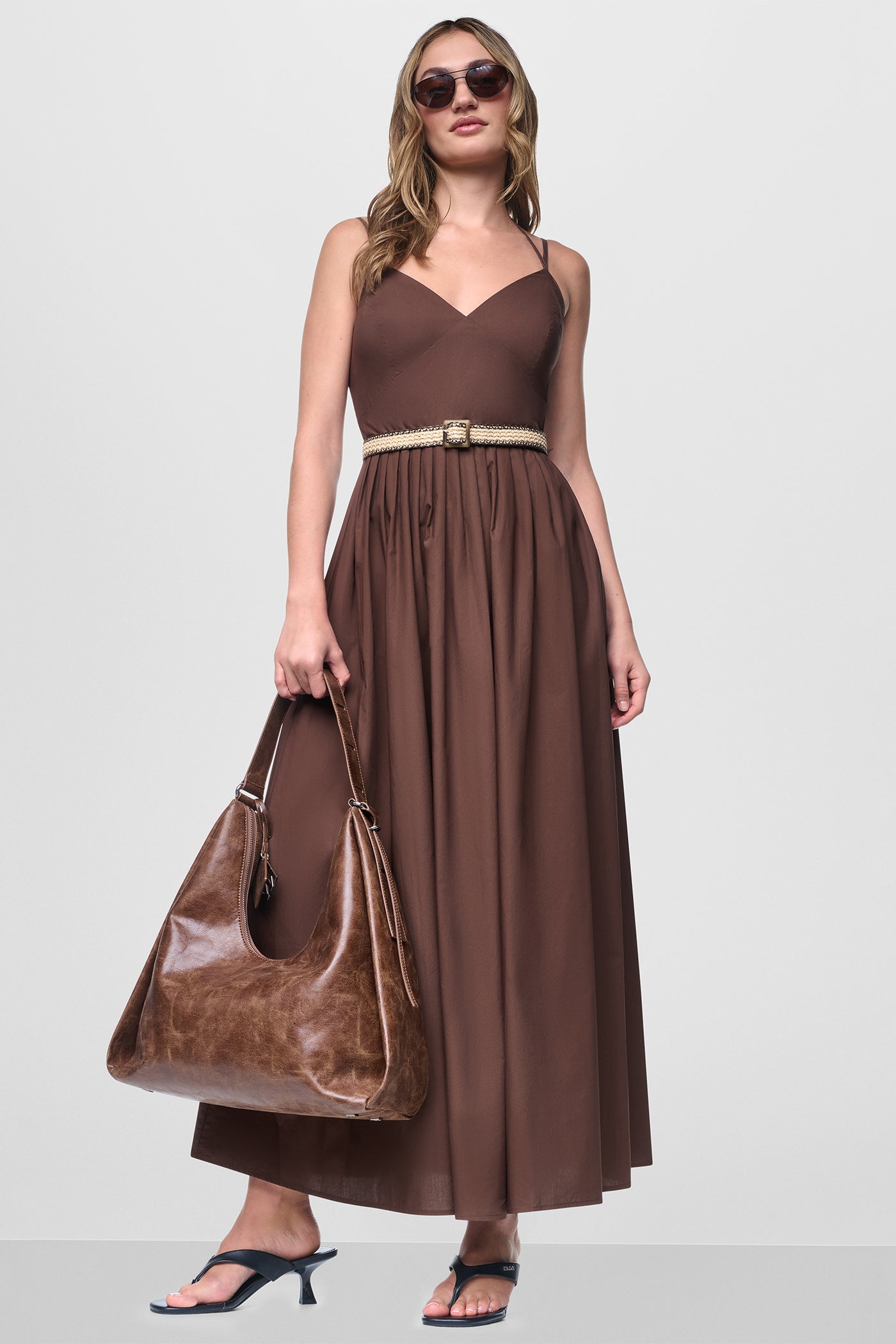 Chestnut STRAPPY V-NECK MAXI DRESS WITH RAFFIA BELT, VIEW 1 | Dresses & Jumpsuits