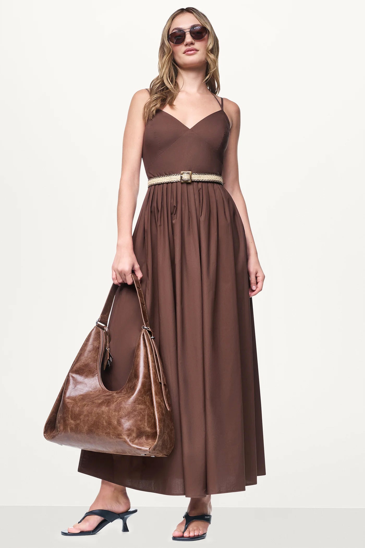 Chestnut STRAPPY V-NECK MAXI DRESS WITH RAFFIA BELT, VIEW 1 | Clothing