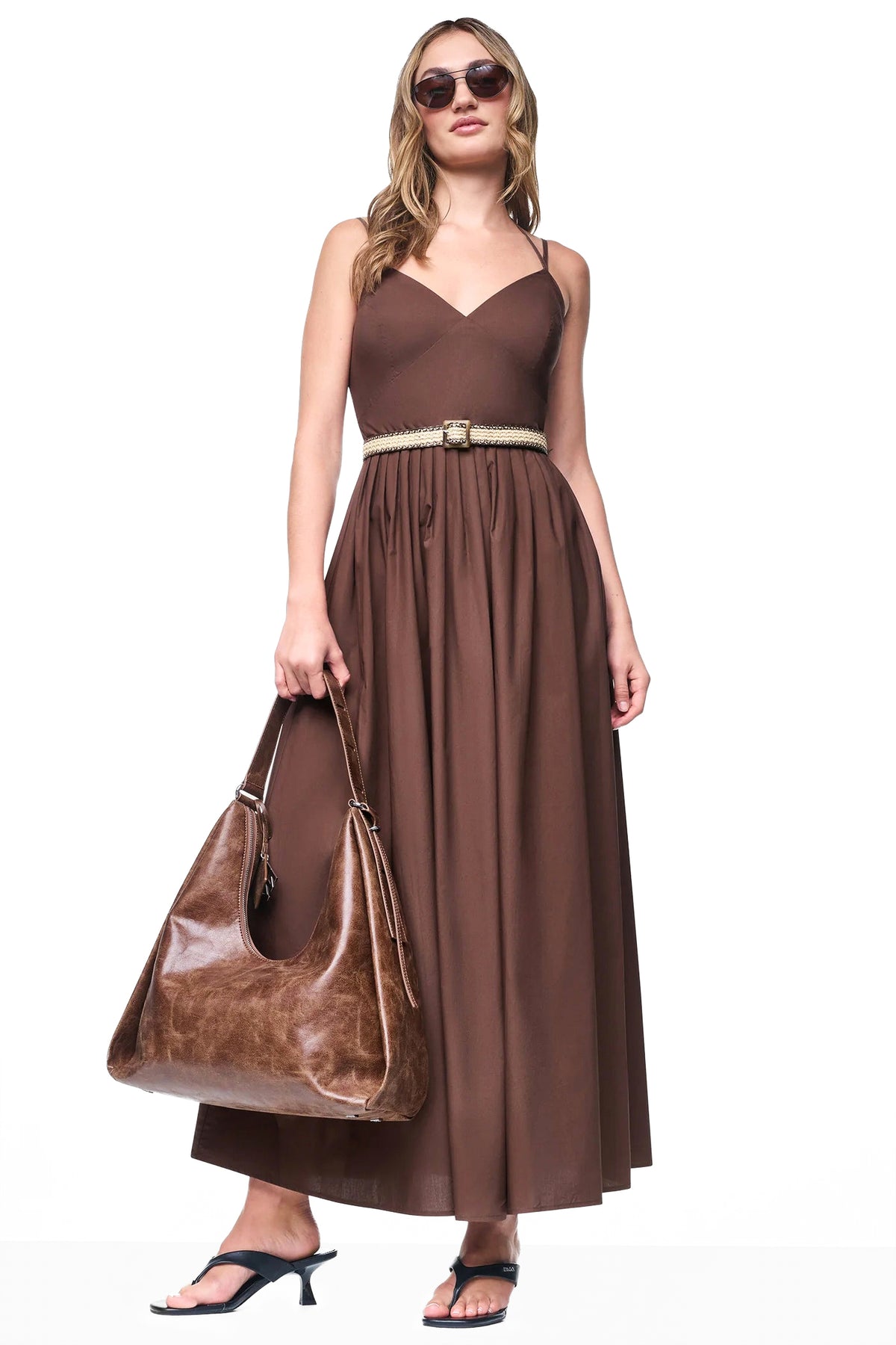 STRAPPY V-NECK MAXI DRESS WITH RAFFIA BELT View 1 | Dresses Under $100