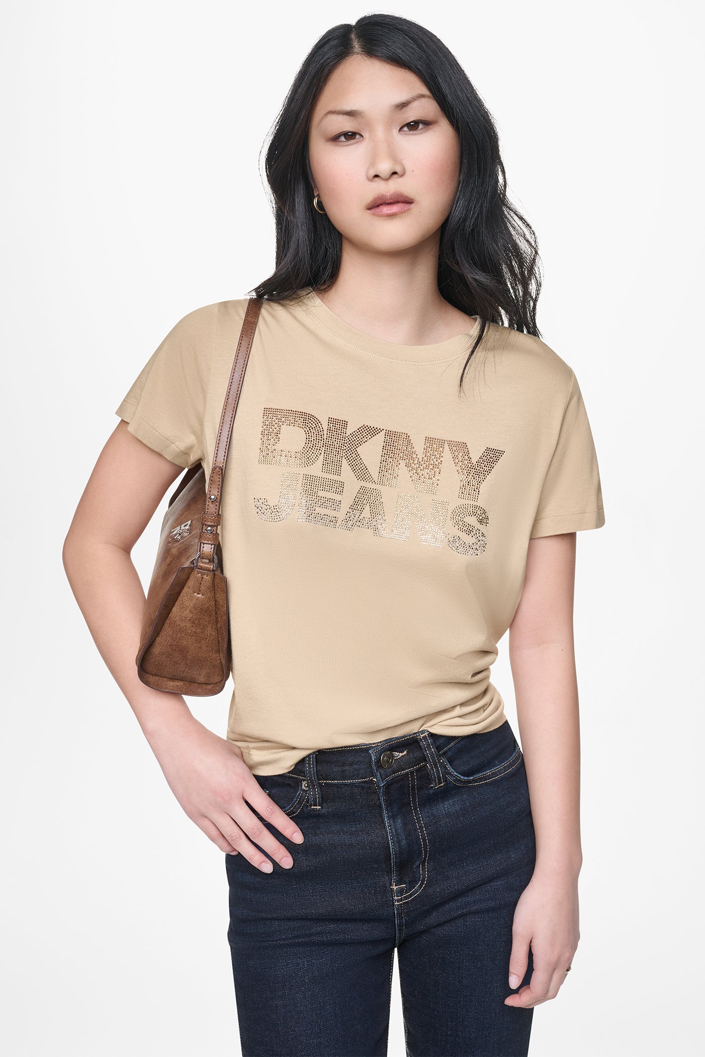Travertine/Brown Silver DKNY JEANS STACKED RHINESTONE LOGO TEE, VIEW 1 | DKNY JEANS