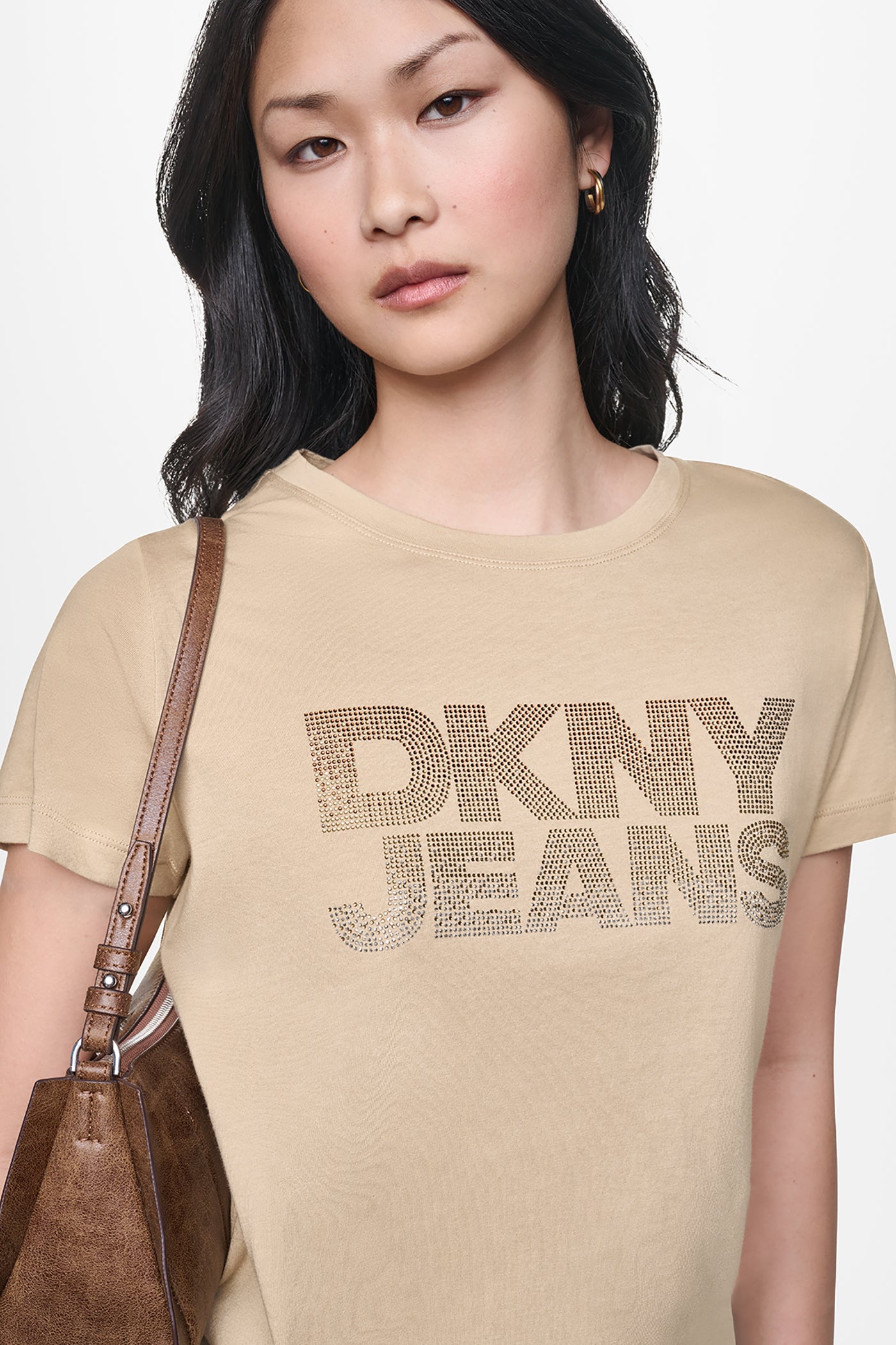Travertine/Brown Silver DKNY JEANS STACKED RHINESTONE LOGO TEE, VIEW 2 | DKNY JEANS