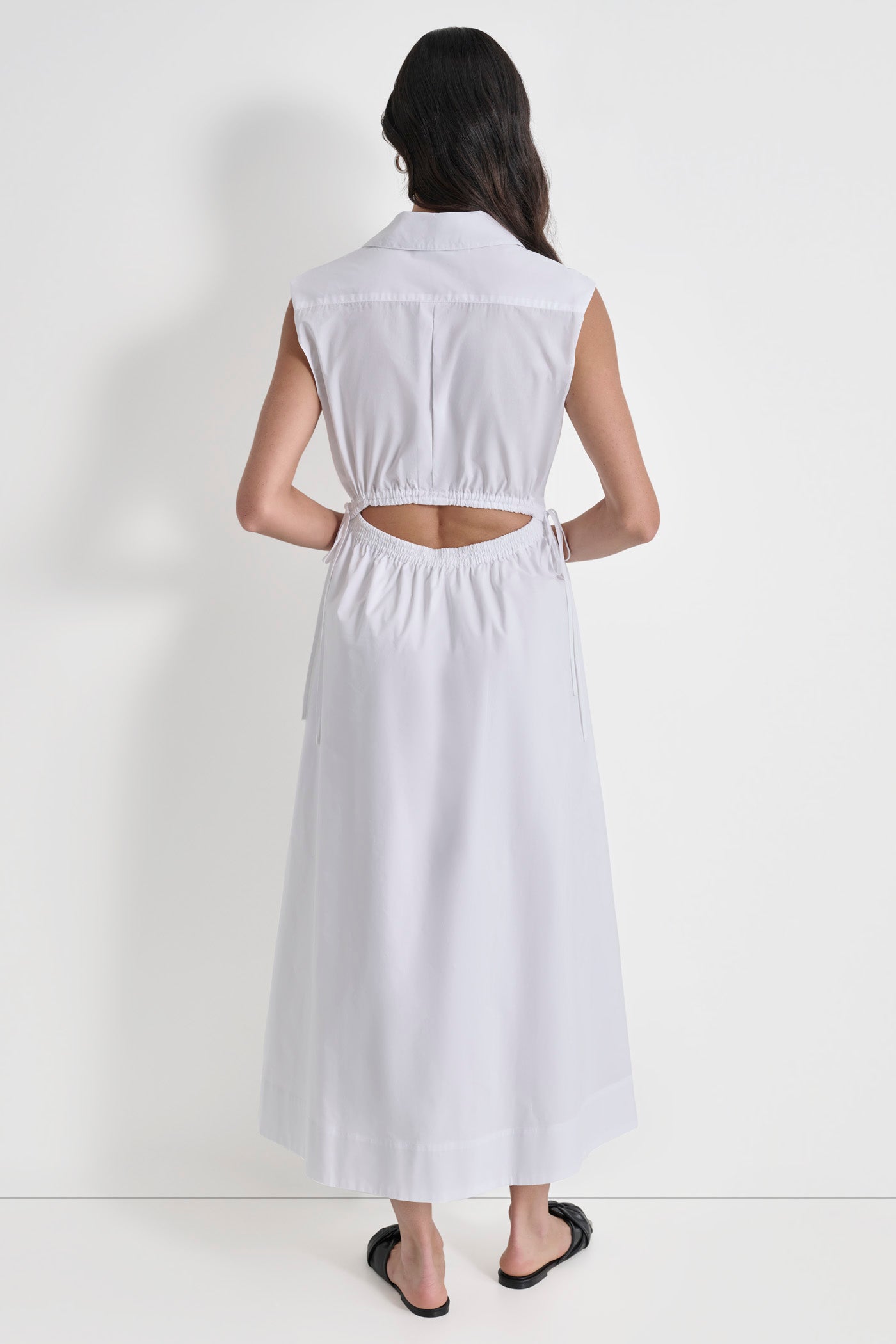 White CUTOUT PINSTRIPED MIDI SHIRT DRESS, BACK VIEW | SALE DRESSES