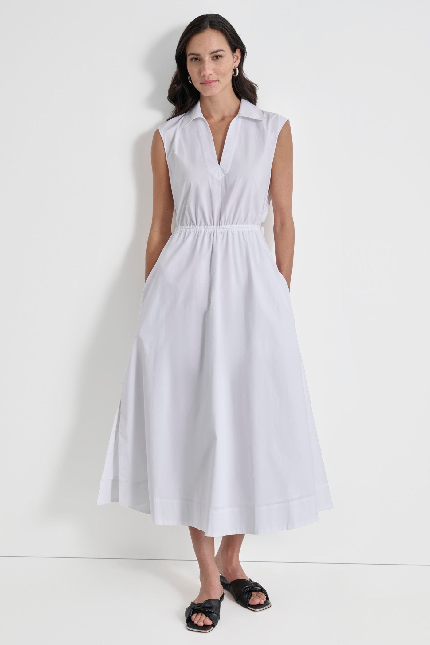 White CUTOUT PINSTRIPED MIDI SHIRT DRESS, FRONT VIEW | SALE DRESSES
