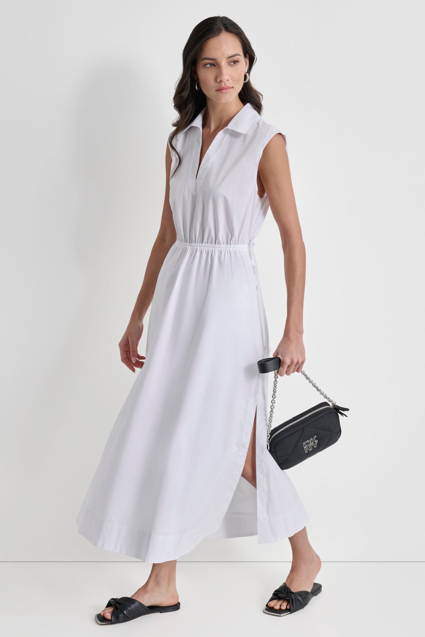 dkny white dress Seamed Tank With Tie Back | A-Line Dress this linen blend sleeveless summer dress makes a chic canvas for accessorizing DKNY eyelet-detail Sleeveless Mini Dress
