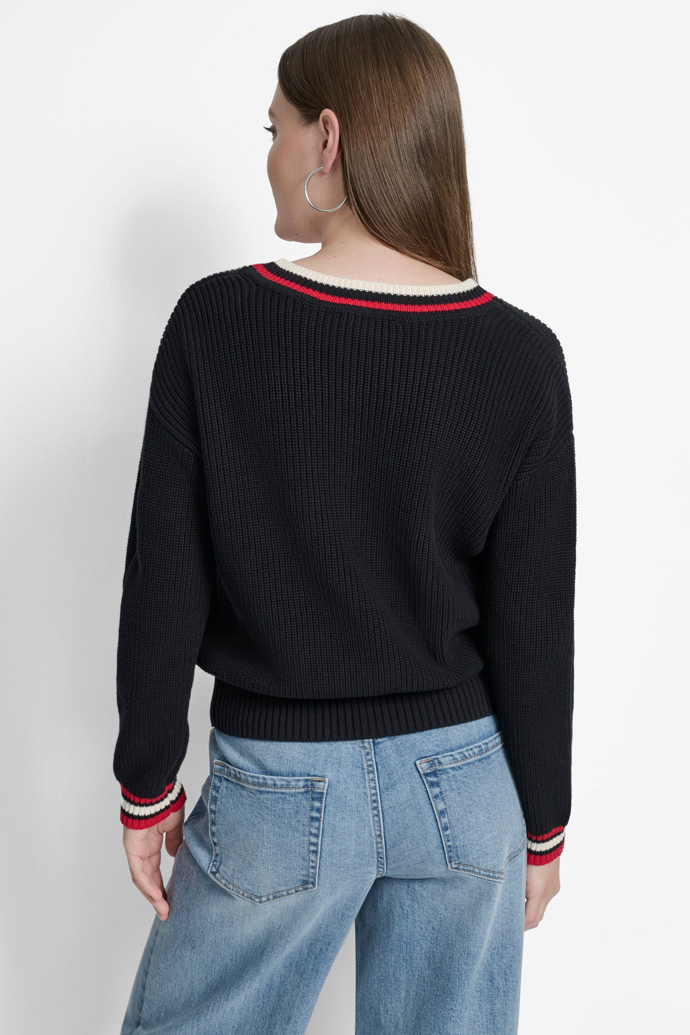 BLACK COMBO STRIPED LOGO-EMBELLISHED SWEATER, BACK VIEW | DKNY Promo