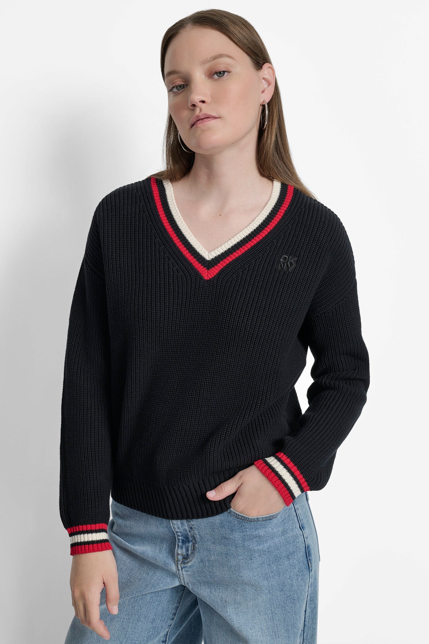 BLACK COMBO STRIPED LOGO-EMBELLISHED SWEATER, FRONT VIEW | DKNY Promo