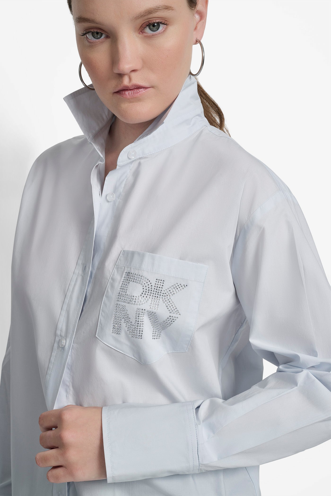 LONG SLEEVE BUTTON FRONT SHIRT WITH CHEST POCKET RHINESTONE LOGO VIEW 4 | 9-5 Edit