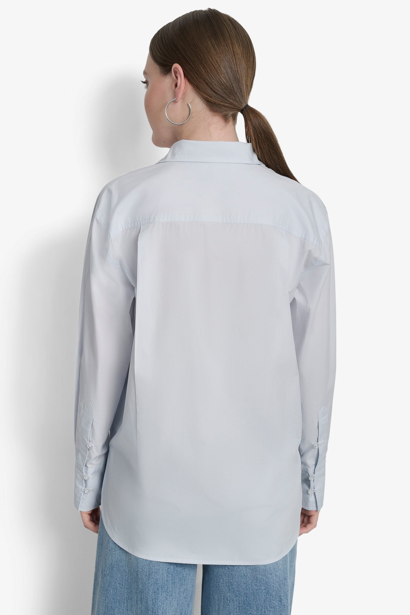 Powder Blue LONG SLEEVE BUTTON FRONT SHIRT WITH CHEST POCKET RHINESTONE LOGO, BACK VIEW | 9-5 Edit