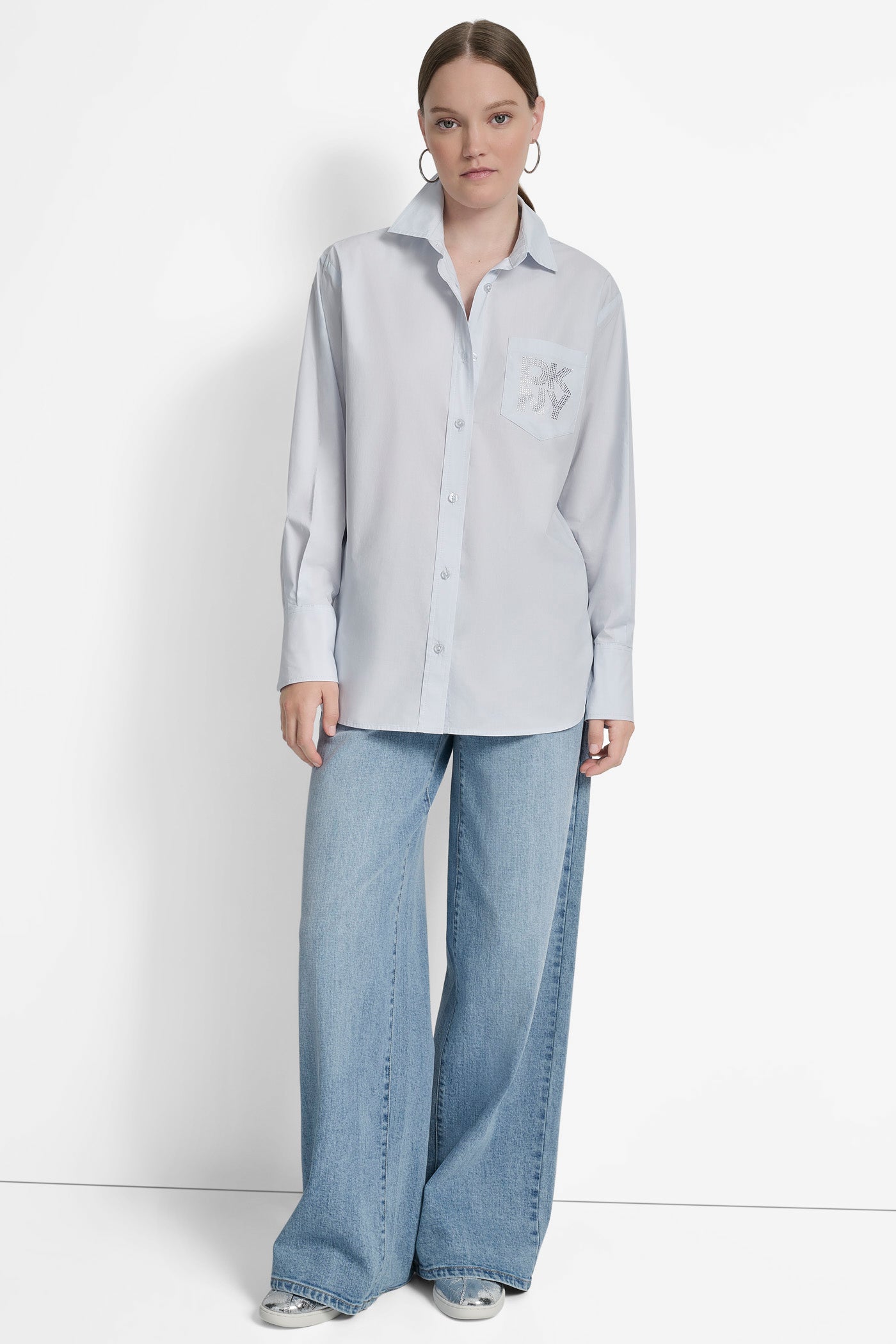 LONG SLEEVE BUTTON FRONT SHIRT WITH CHEST POCKET RHINESTONE LOGO VIEW 7 | 9-5 Edit
