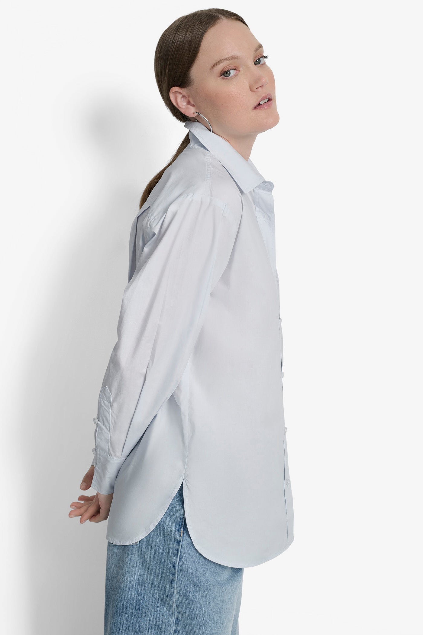 LONG SLEEVE BUTTON FRONT SHIRT WITH CHEST POCKET RHINESTONE LOGO VIEW 3 | 9-5 Edit
