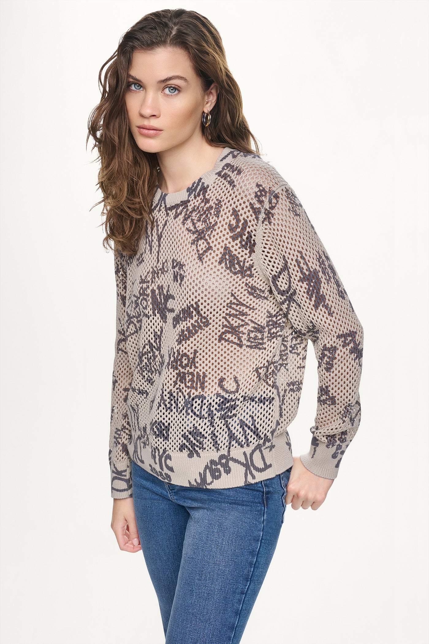 OPEN STITCH SWEATER WITH GRAFFITI LOGO VIEW 4 | WOMEN'S SWEATERS & TOPS