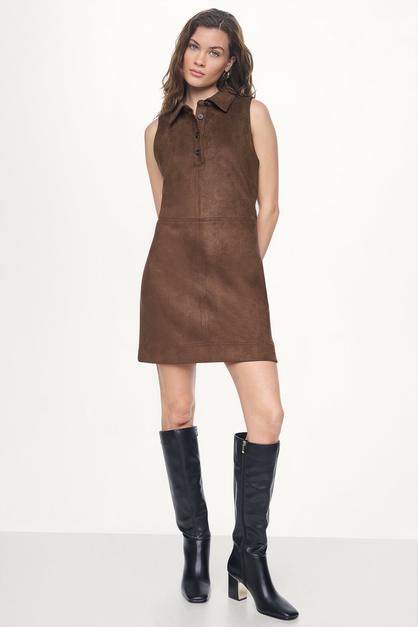 COLLARED FAUX SUEDE DRESS VIEW 2