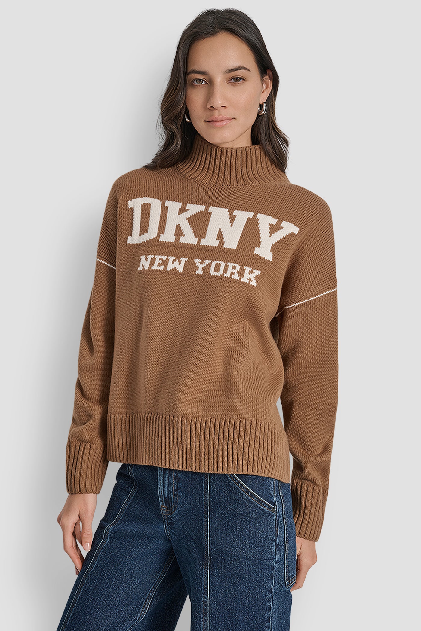 Burnt Sugar/Eggnog LOGO INTARSIA MOCK-NECK SWEATER, FRONT VIEW | Clothing