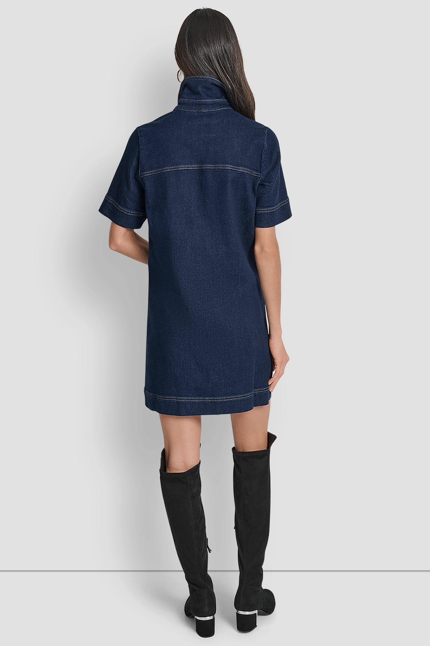 Black DENIM MINI SHIFT DRESS, BACK VIEW | DKNY Promo