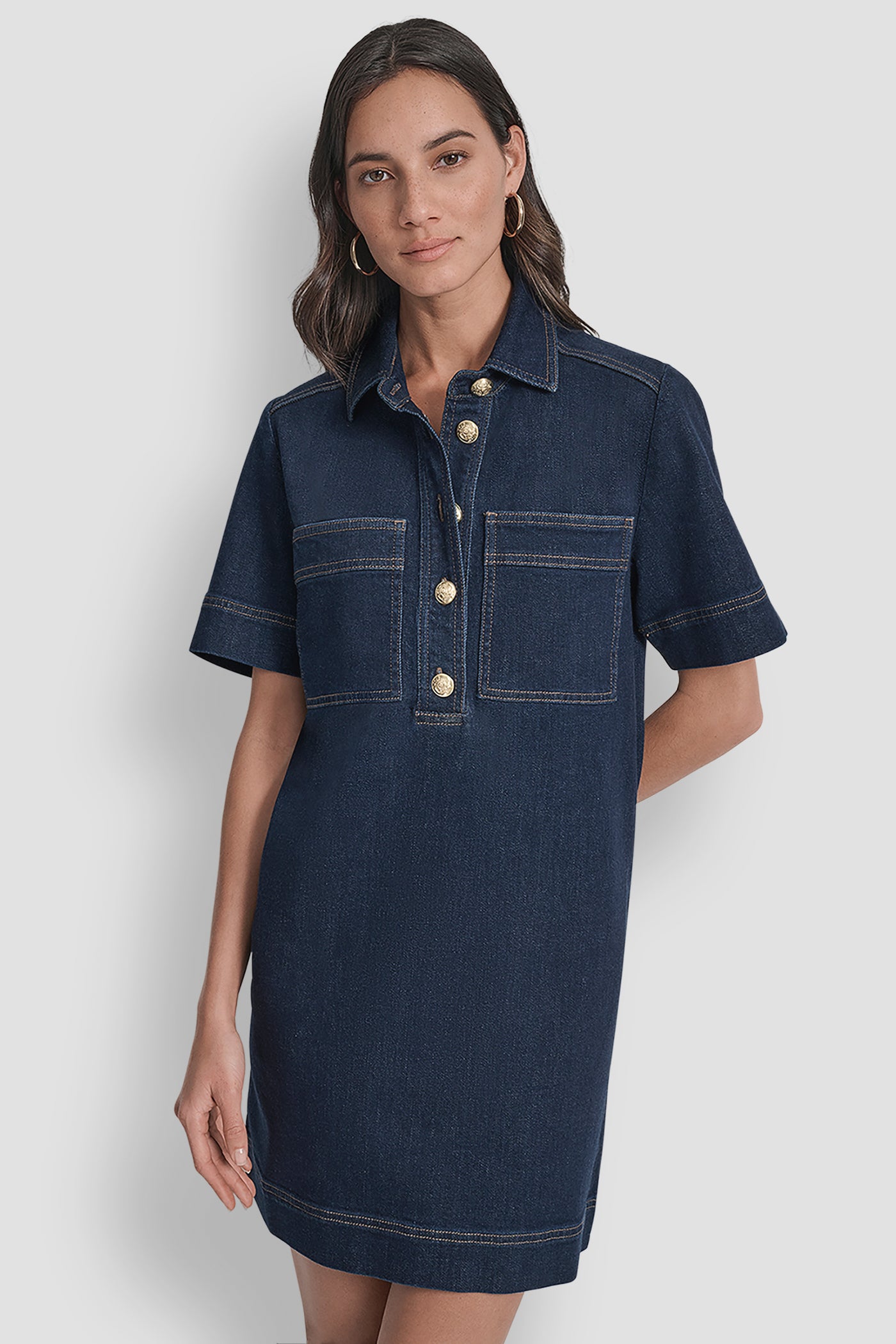 Black DENIM MINI SHIFT DRESS, FRONT VIEW | DKNY Promo