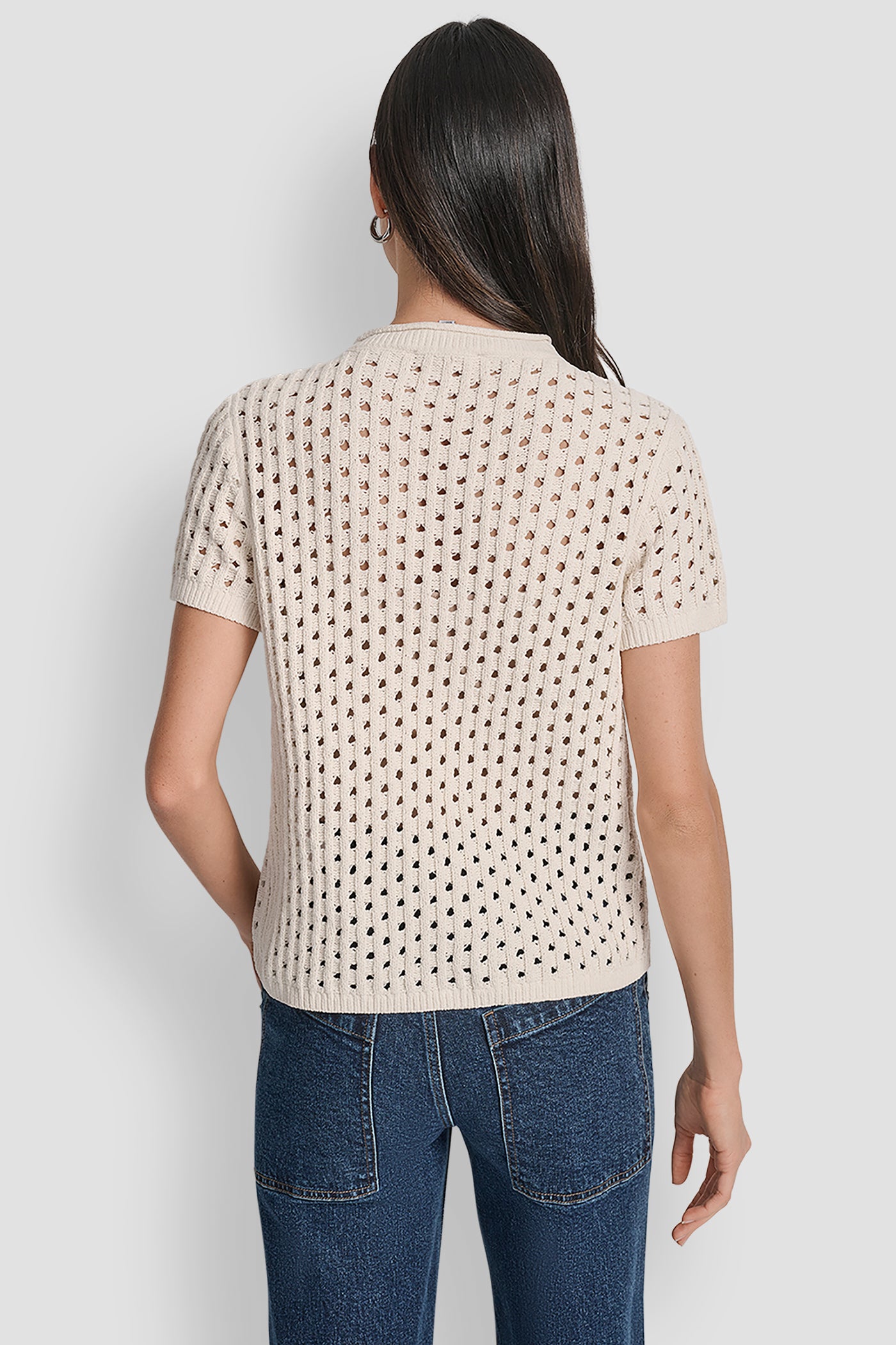 BLONDE OPEN STITCH CREW NECK SHORT SLEEVE SWEATER, BACK VIEW | WOMEN'S SWEATERS & TOPS