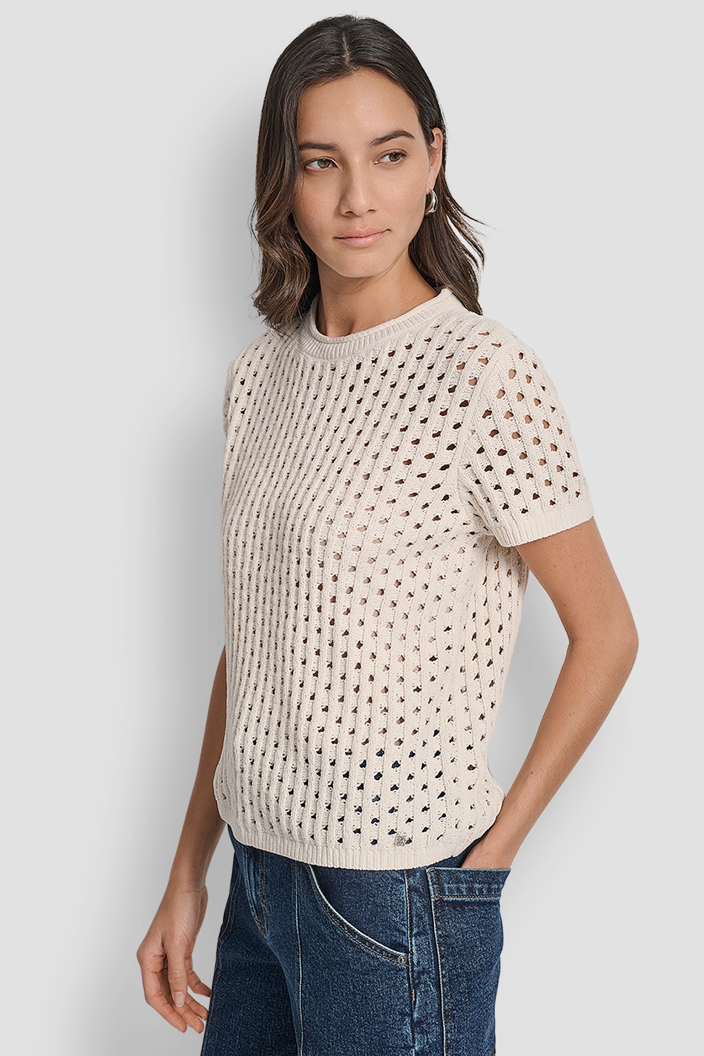 OPEN STITCH CREW NECK SHORT SLEEVE SWEATER VIEW 3 | Clothing
