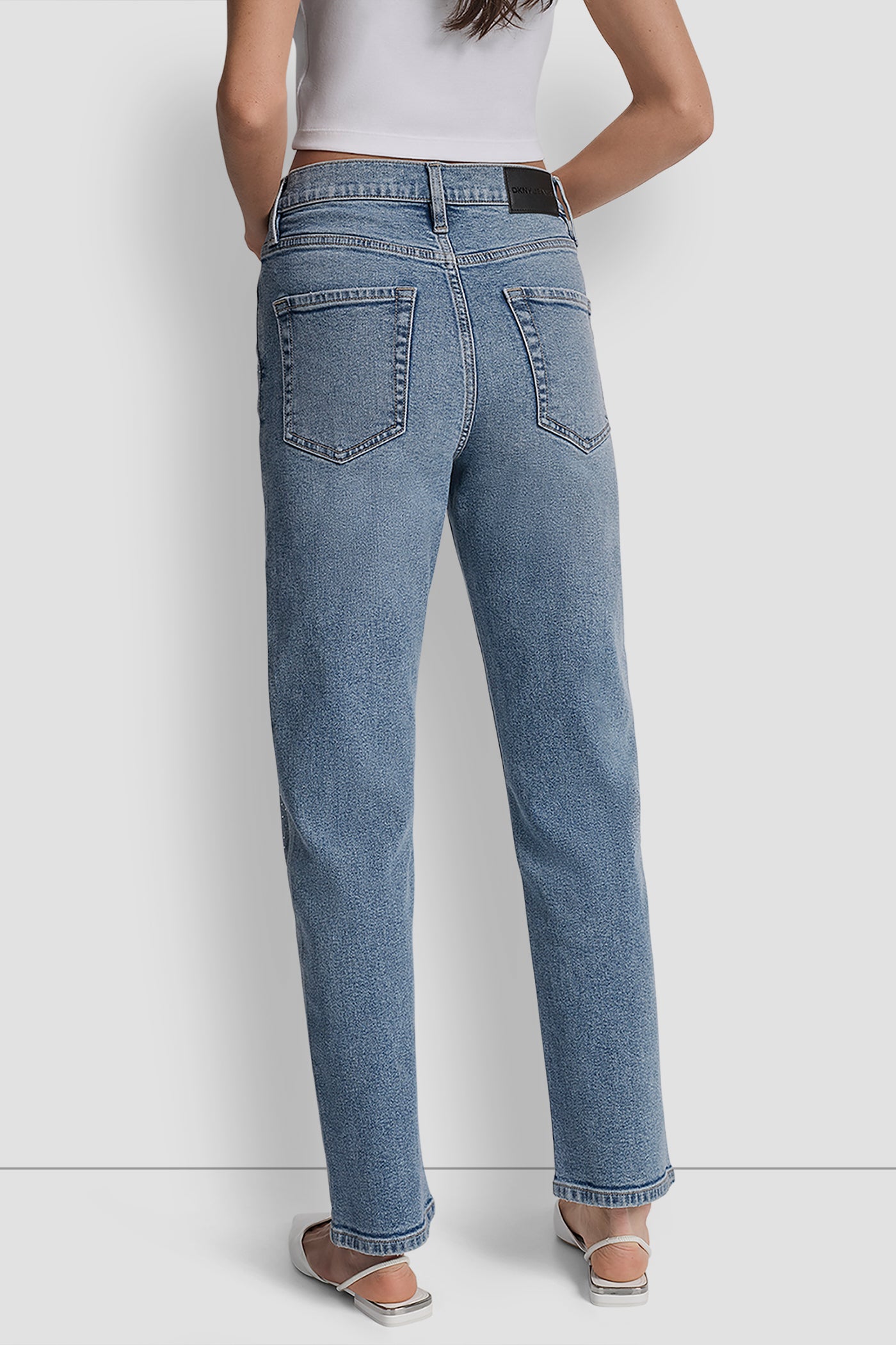 Blue HIGH RISE CLASSIC STRAIGHT WITH MIXED EMBELLISHMENT, BACK VIEW | New Arrivals
