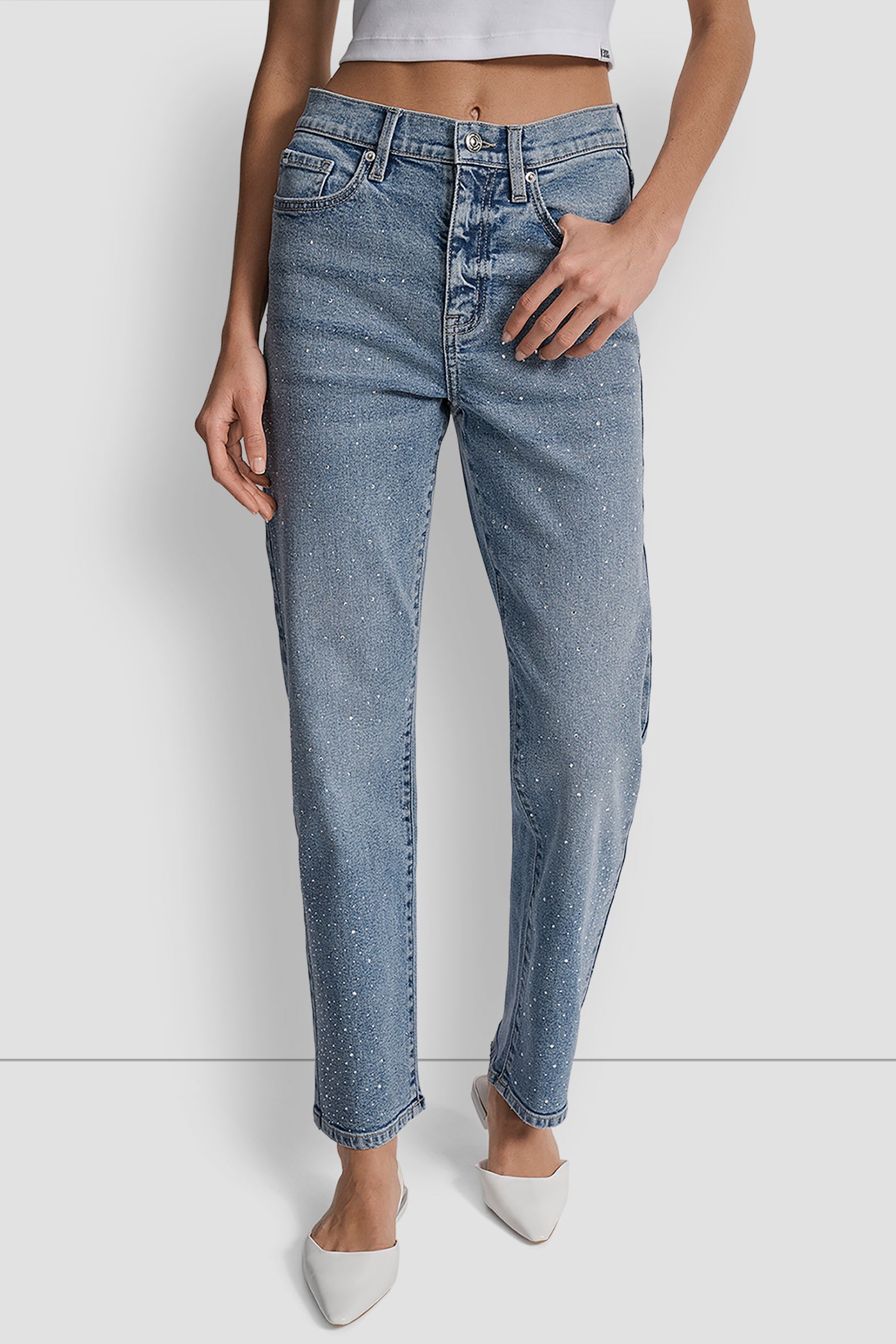 Blue HIGH RISE CLASSIC STRAIGHT WITH MIXED EMBELLISHMENT, FRONT VIEW | New Arrivals